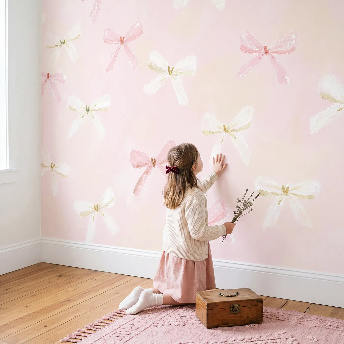 Child in nursery with Dainty Ribbons Wallpaper Mural by Whimsy Tots