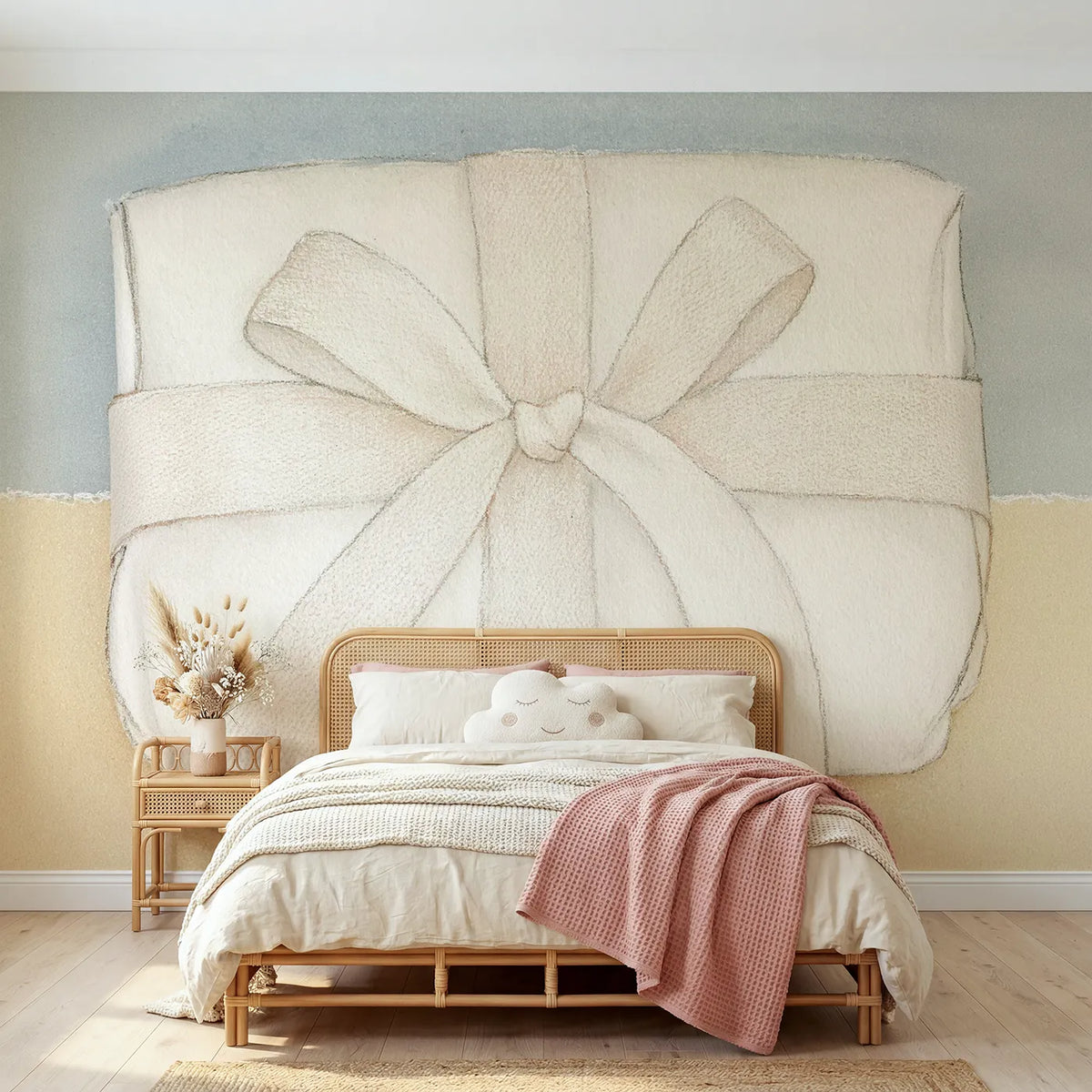 Colored Pencil ribbon wrapped and knotted over a soft parcel, mural for a bedroom by Whimsy Tots