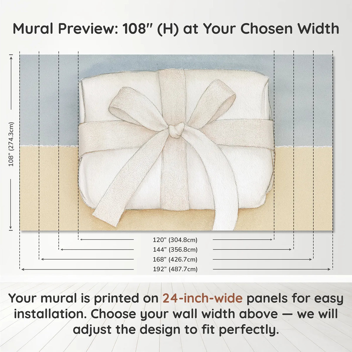 Panel layout and dimensions for The Wrapped Ribbon Wallpaper Mural by Whimsy Tots