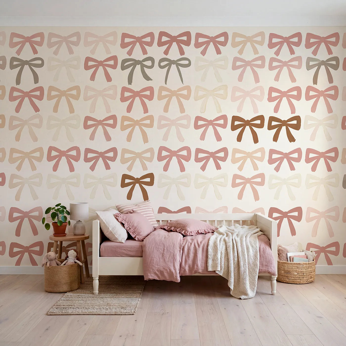 Gouache wall mural of folk bow rows on soft blush by Whimsy Tots