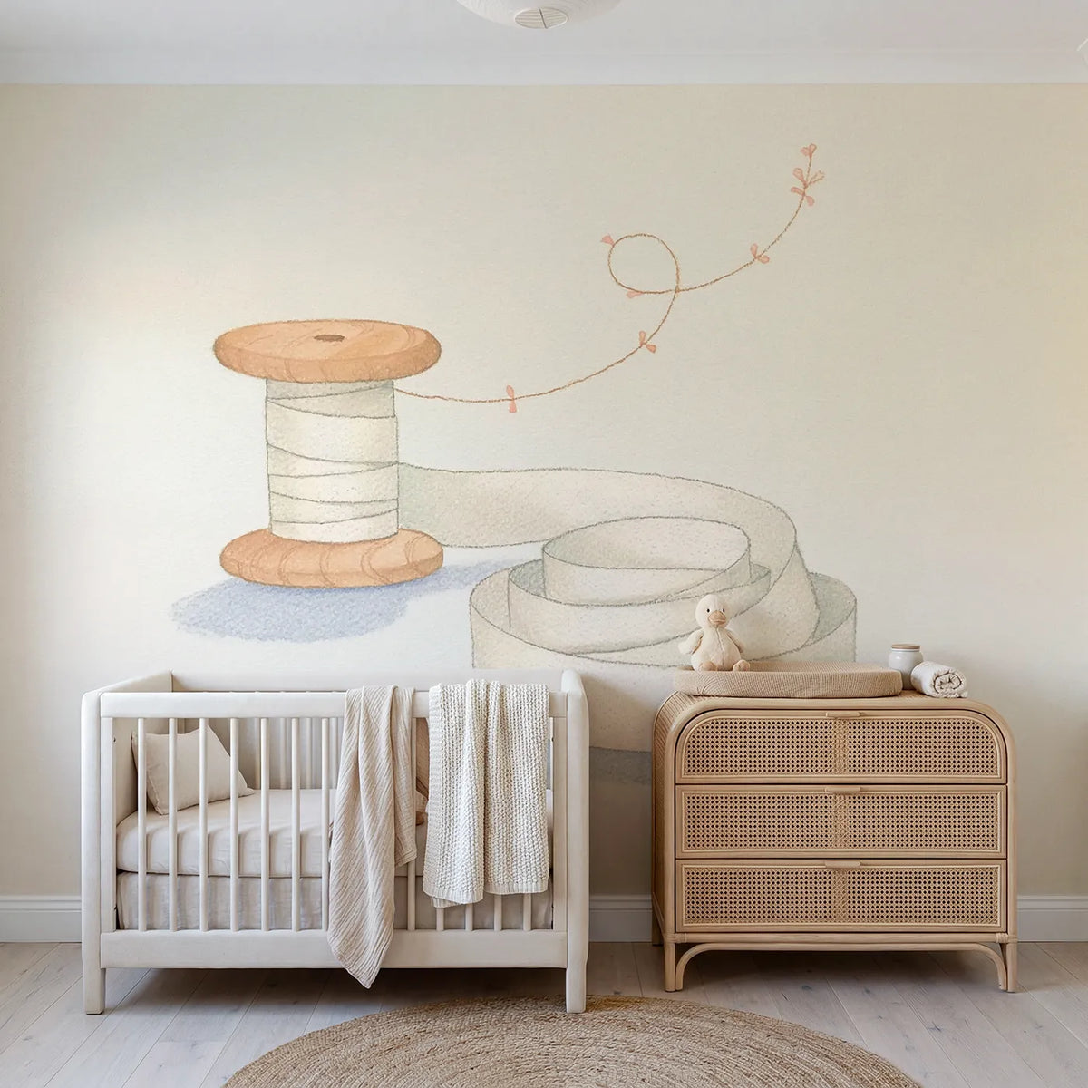 Colored Pencil ribbon spool unwinding into loose loops, mural for a toddler room by Whimsy Tots