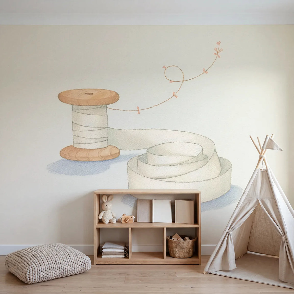 The Ribbon Spool Wallpaper Mural in playroom setting by Whimsy Tots