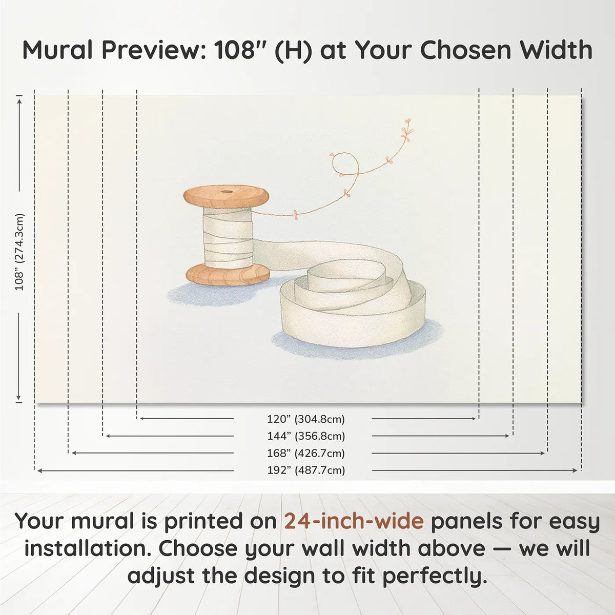Panel layout and dimensions for The Ribbon Spool Wallpaper Mural by Whimsy Tots