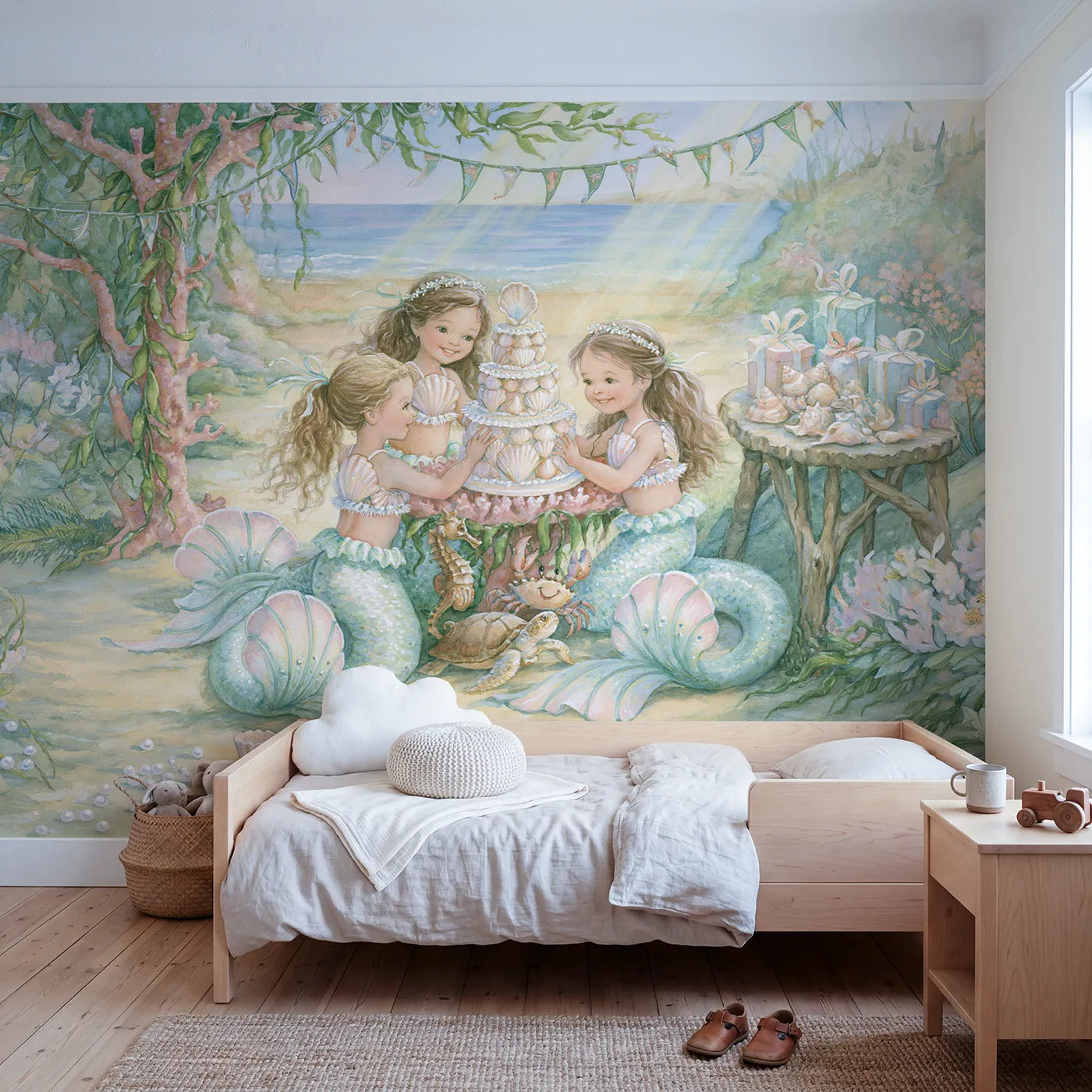 Storybook mermaid reef birthday party with a shell cake, mural for a girls room by Whimsy Tots