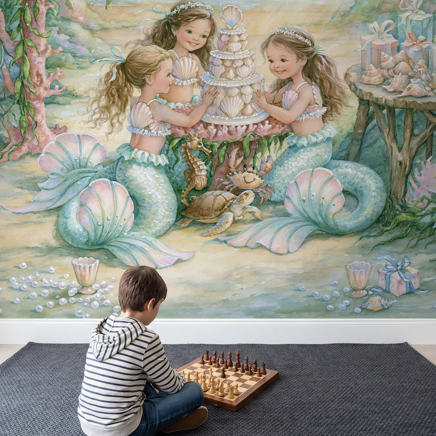 Child in nursery with Mermaid Birthday Reef Wallpaper Mural by Whimsy Tots