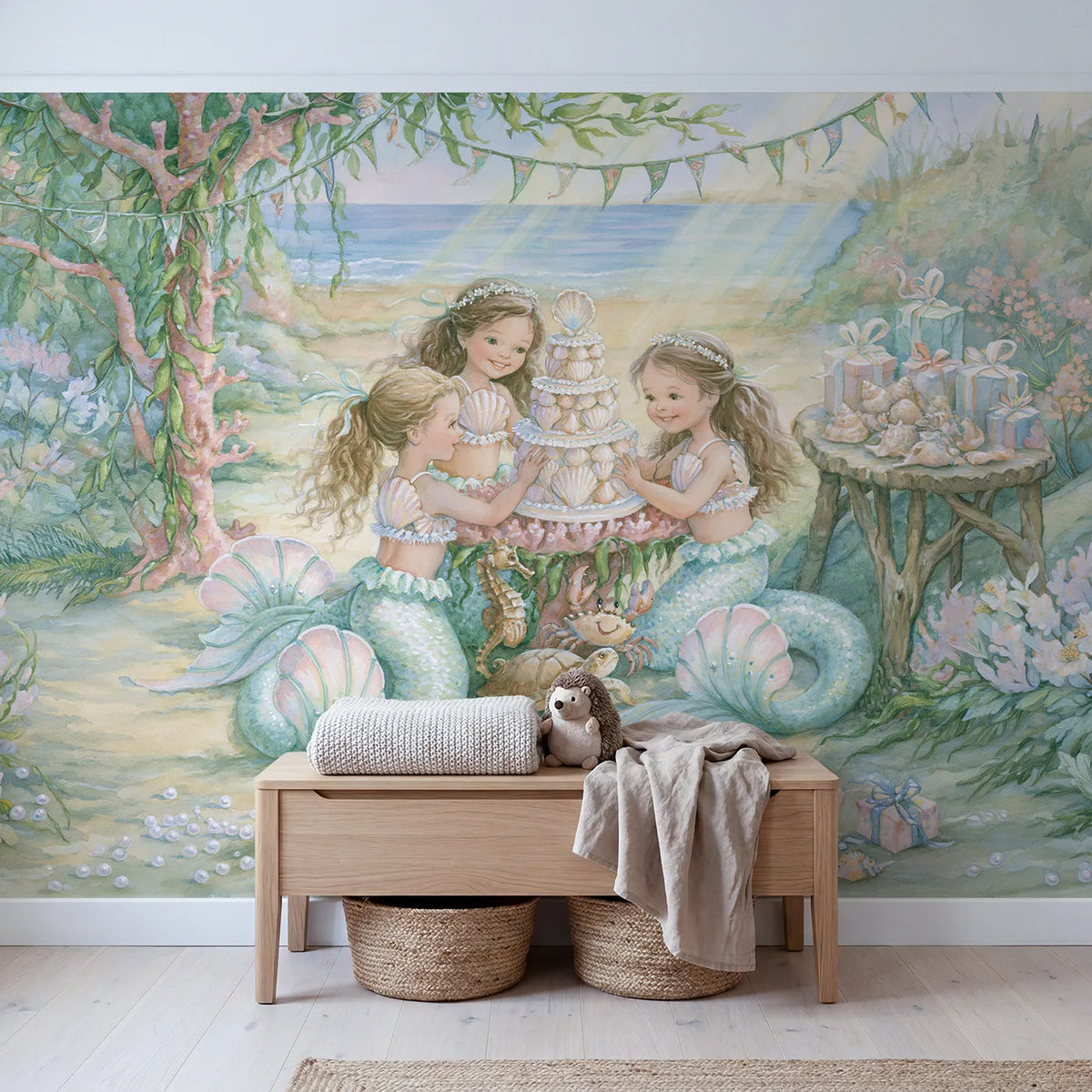 Mermaid Birthday Reef Wallpaper Mural in playroom setting by Whimsy Tots