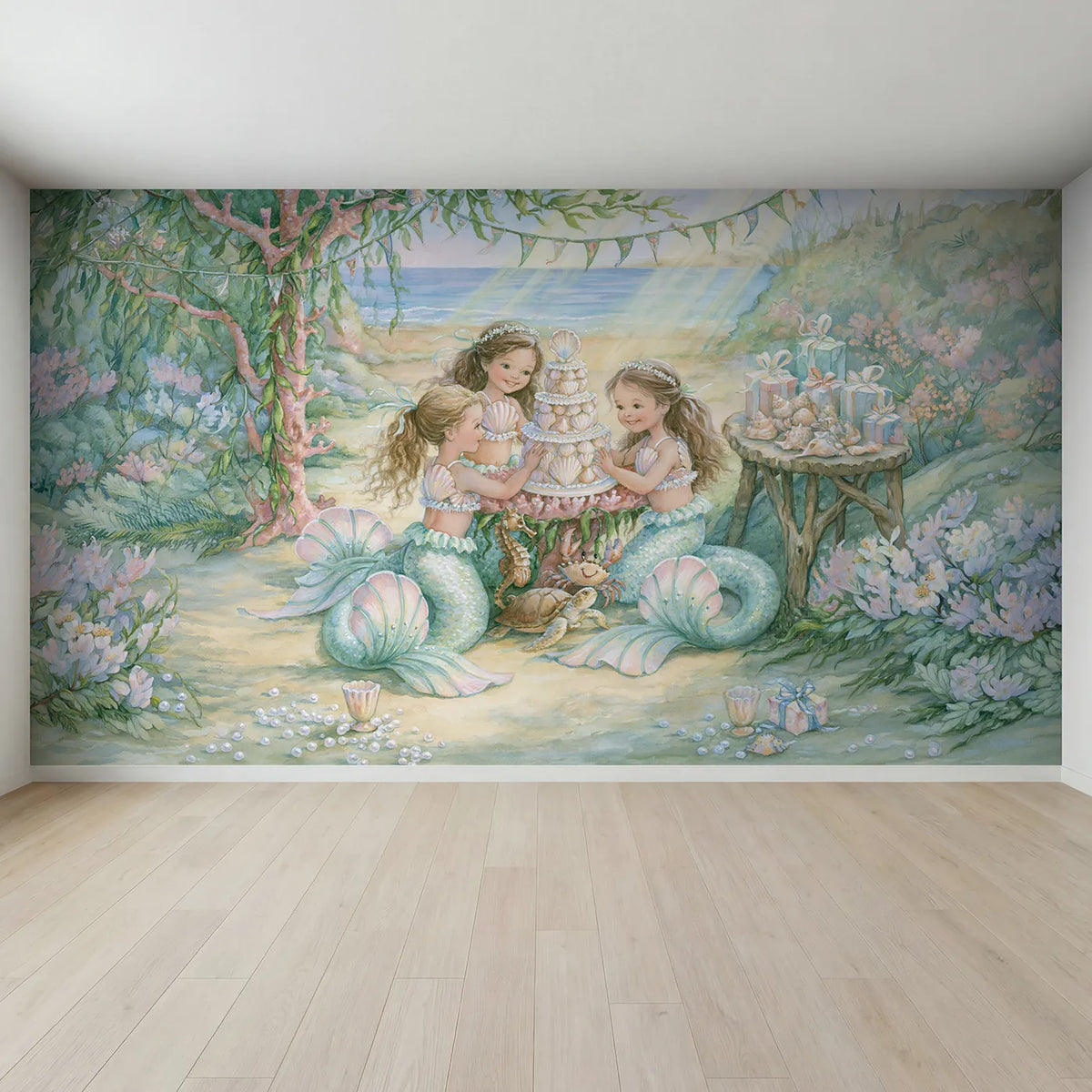 Full view of Mermaid Birthday Reef Wallpaper Mural by Whimsy Tots