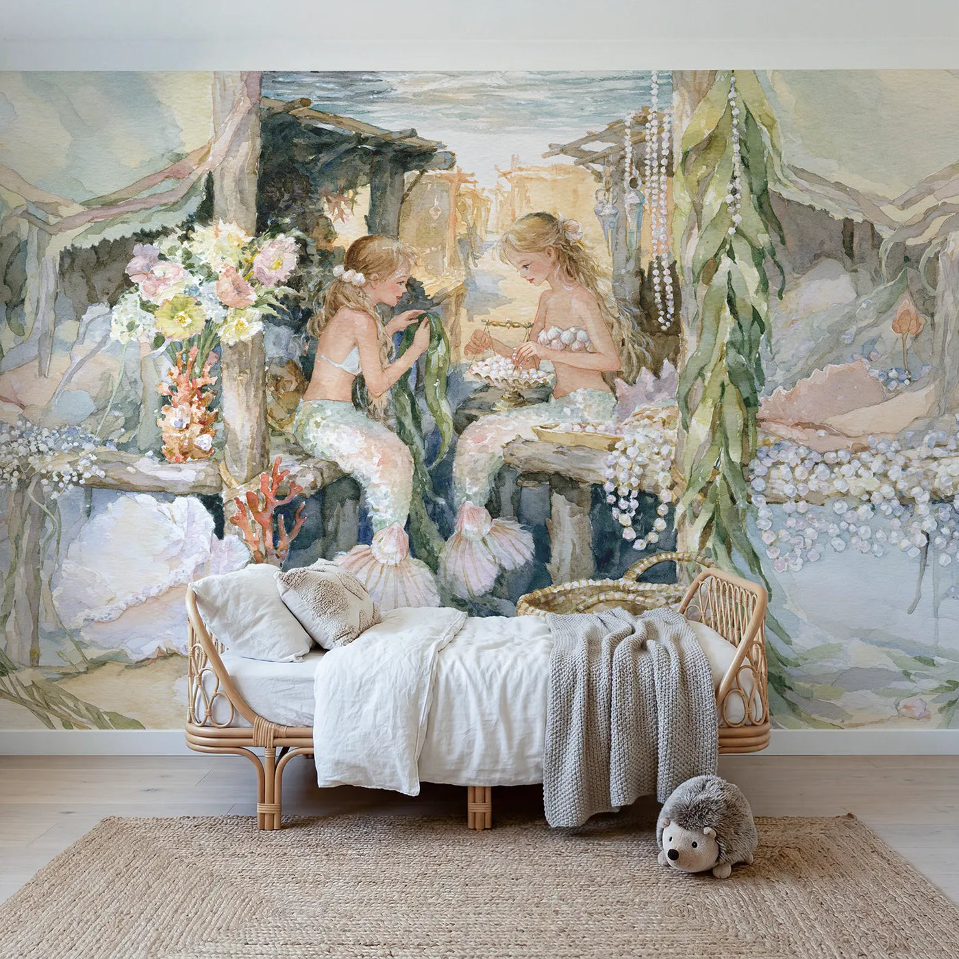 Watercolor mermaids at the merfolk market stalls, mural for a girls room by Whimsy Tots