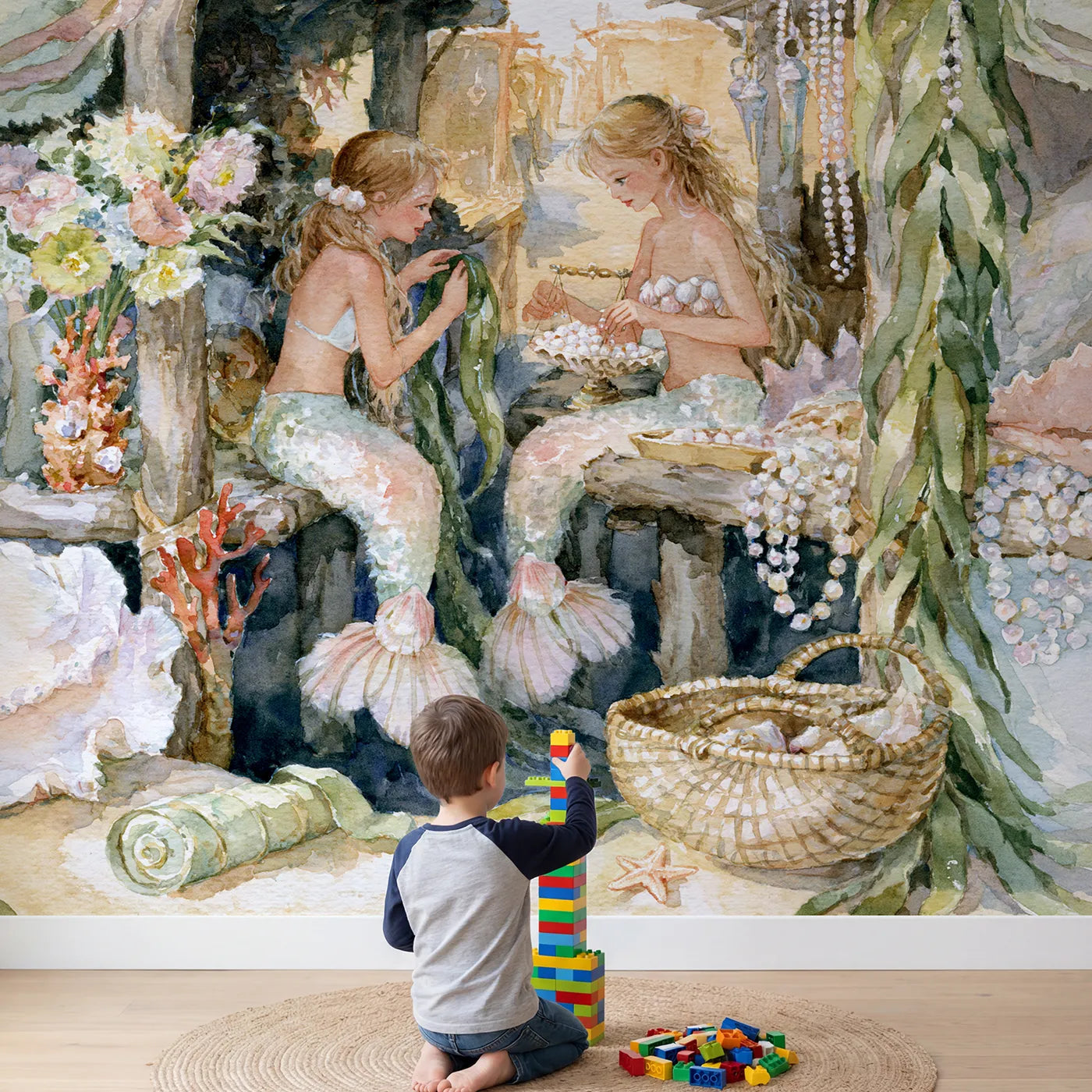 Child in nursery with Mermaid Market Day Wallpaper Mural by Whimsy Tots