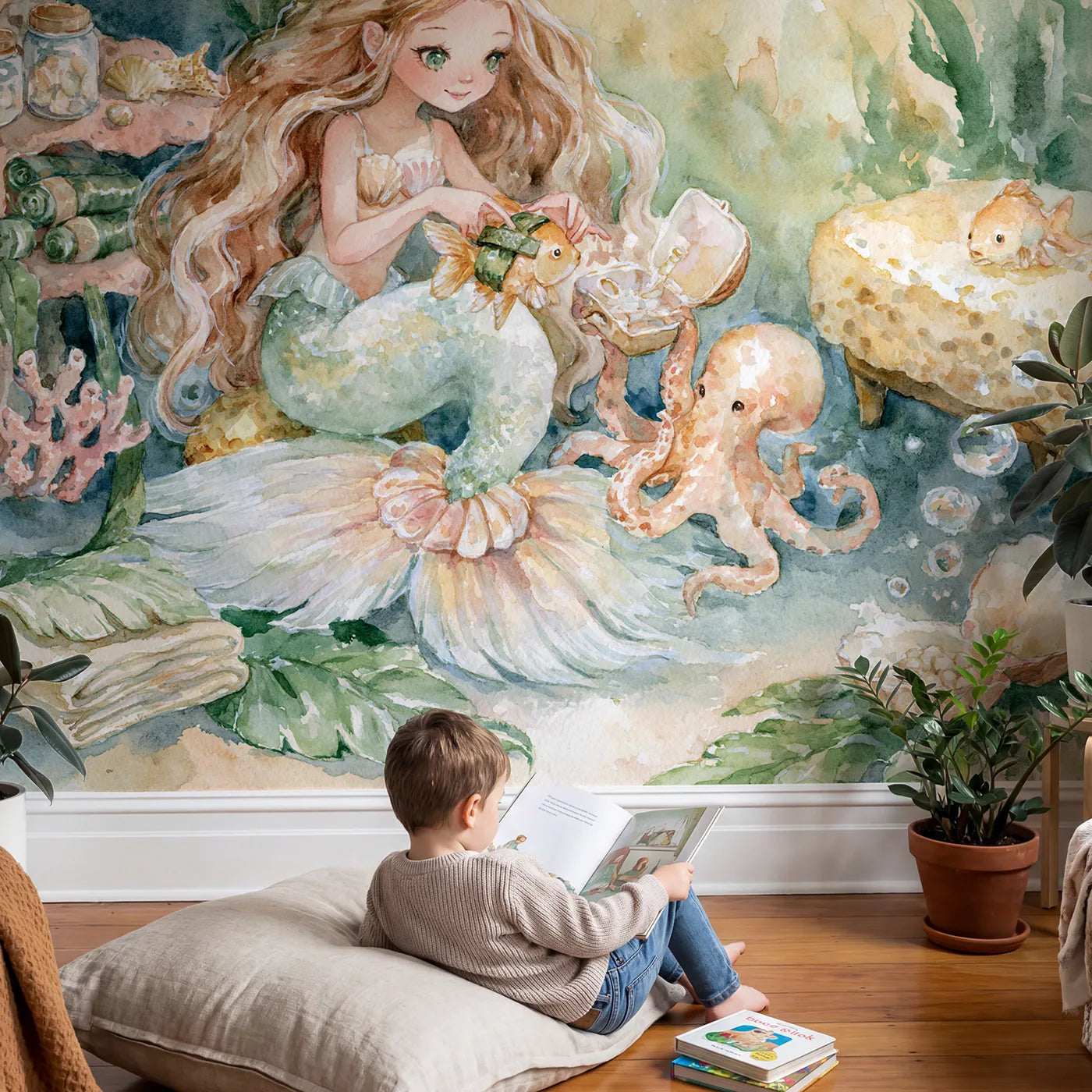 Child in nursery with Mermaid Fin Doctor Wallpaper Mural by Whimsy Tots