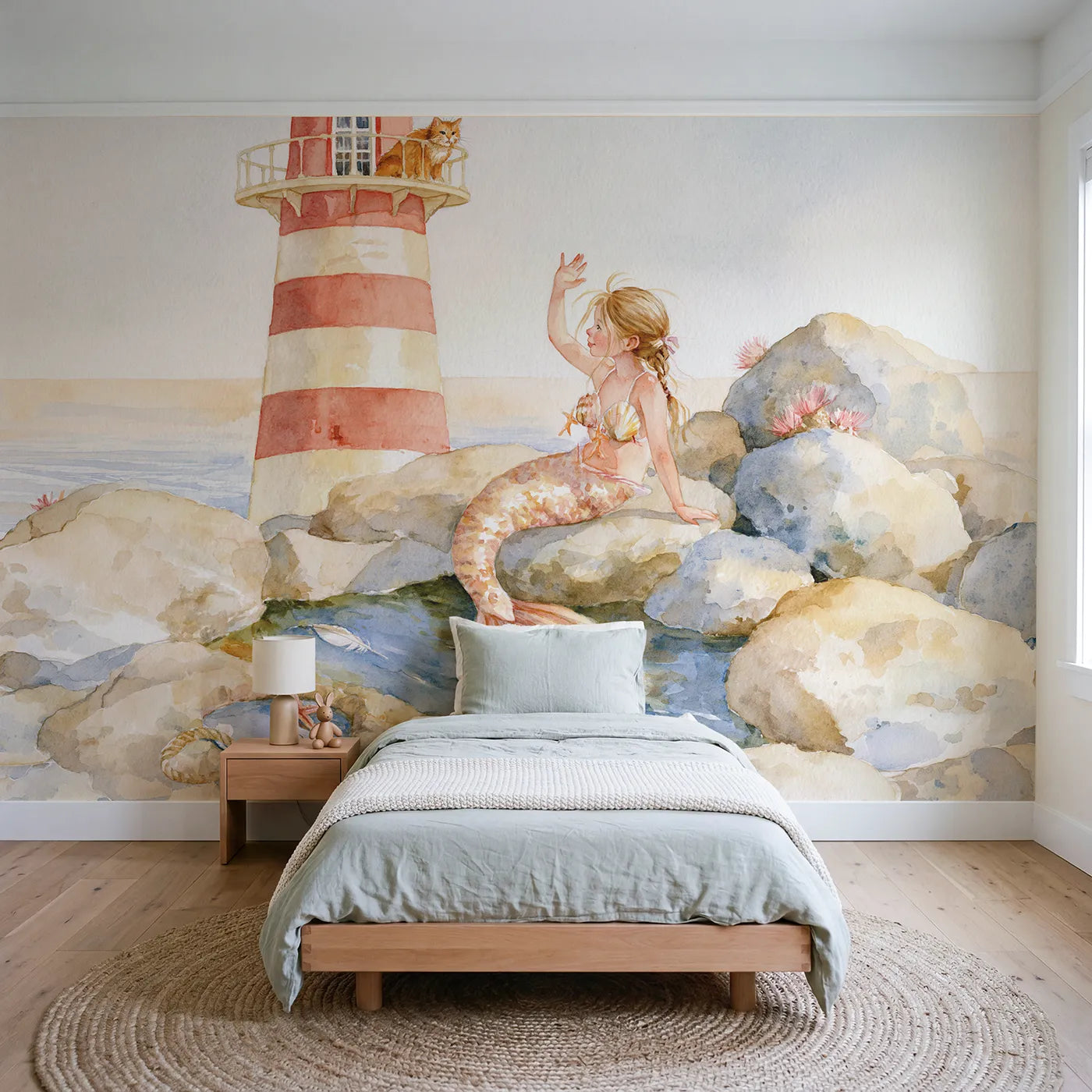 Watercolor mermaid on the rocks below a striped lighthouse, mural for a bedroom by Whimsy Tots