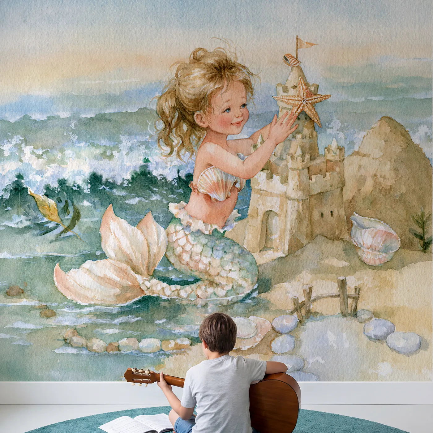 Child in nursery with Mermaid Sandcastle Bay Wallpaper Mural by Whimsy Tots