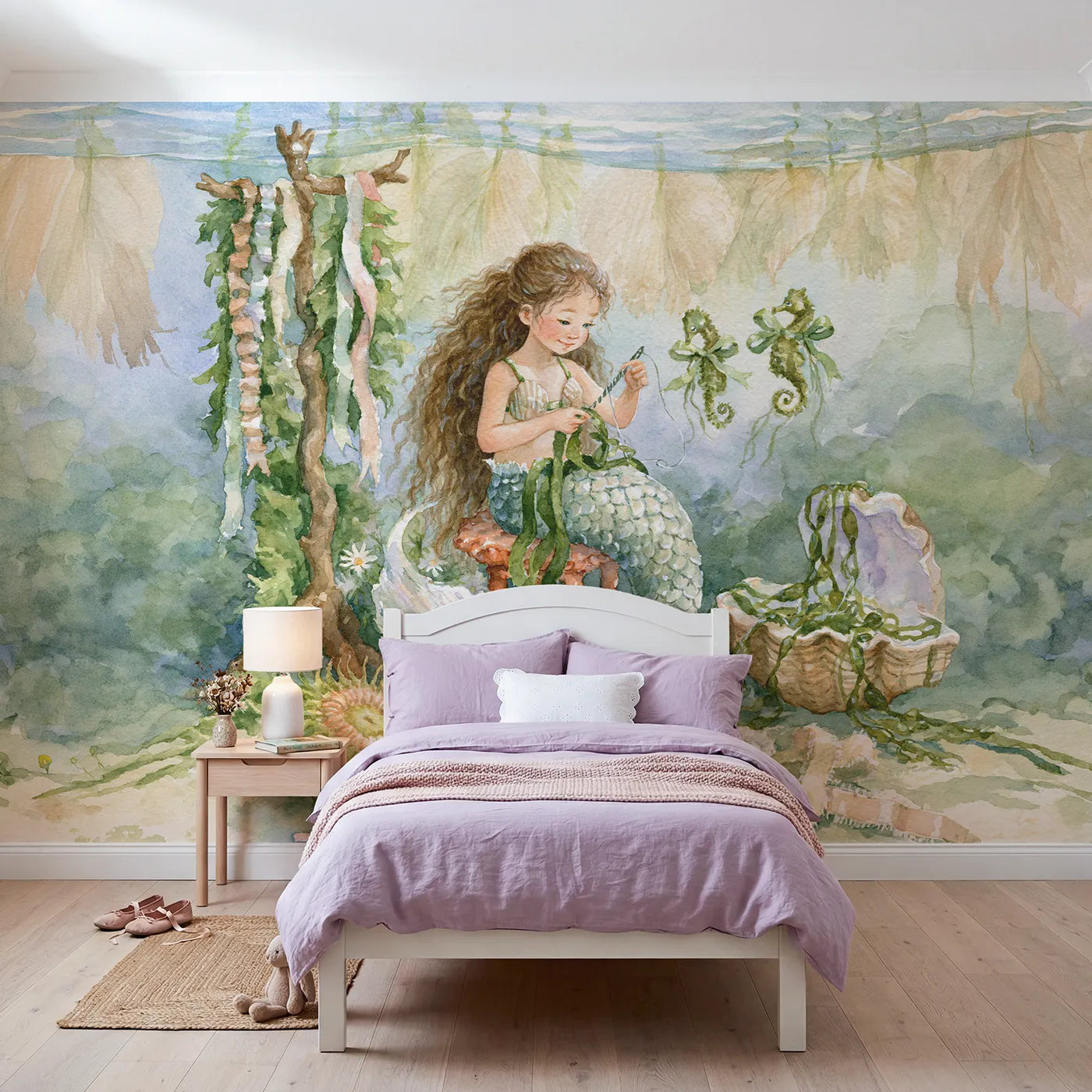 Watercolor mermaid tailor sewing seaweed ribbon bows, mural for a girls room by Whimsy Tots