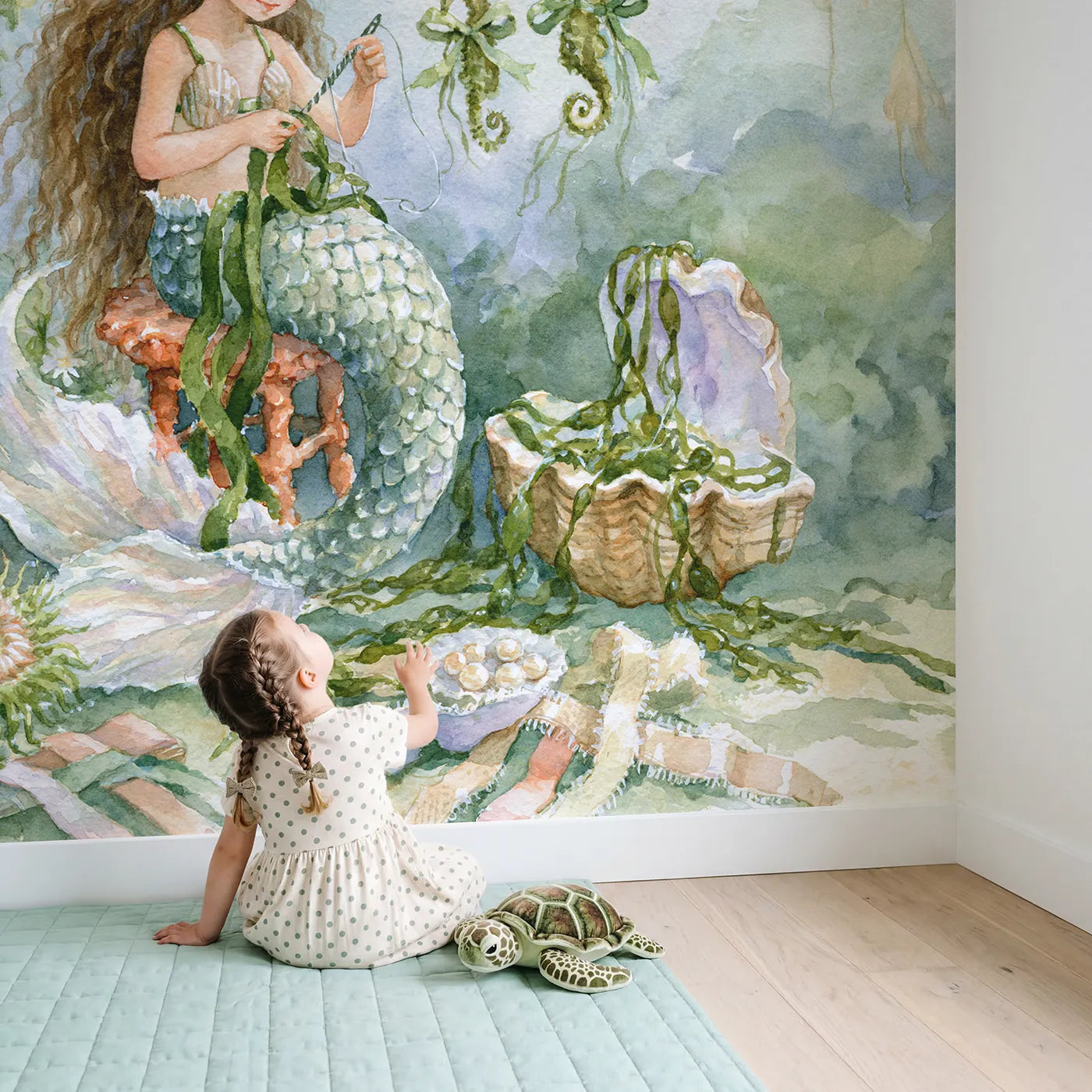 Child in nursery with Mermaid Ribbon Tailor Wallpaper Mural by Whimsy Tots