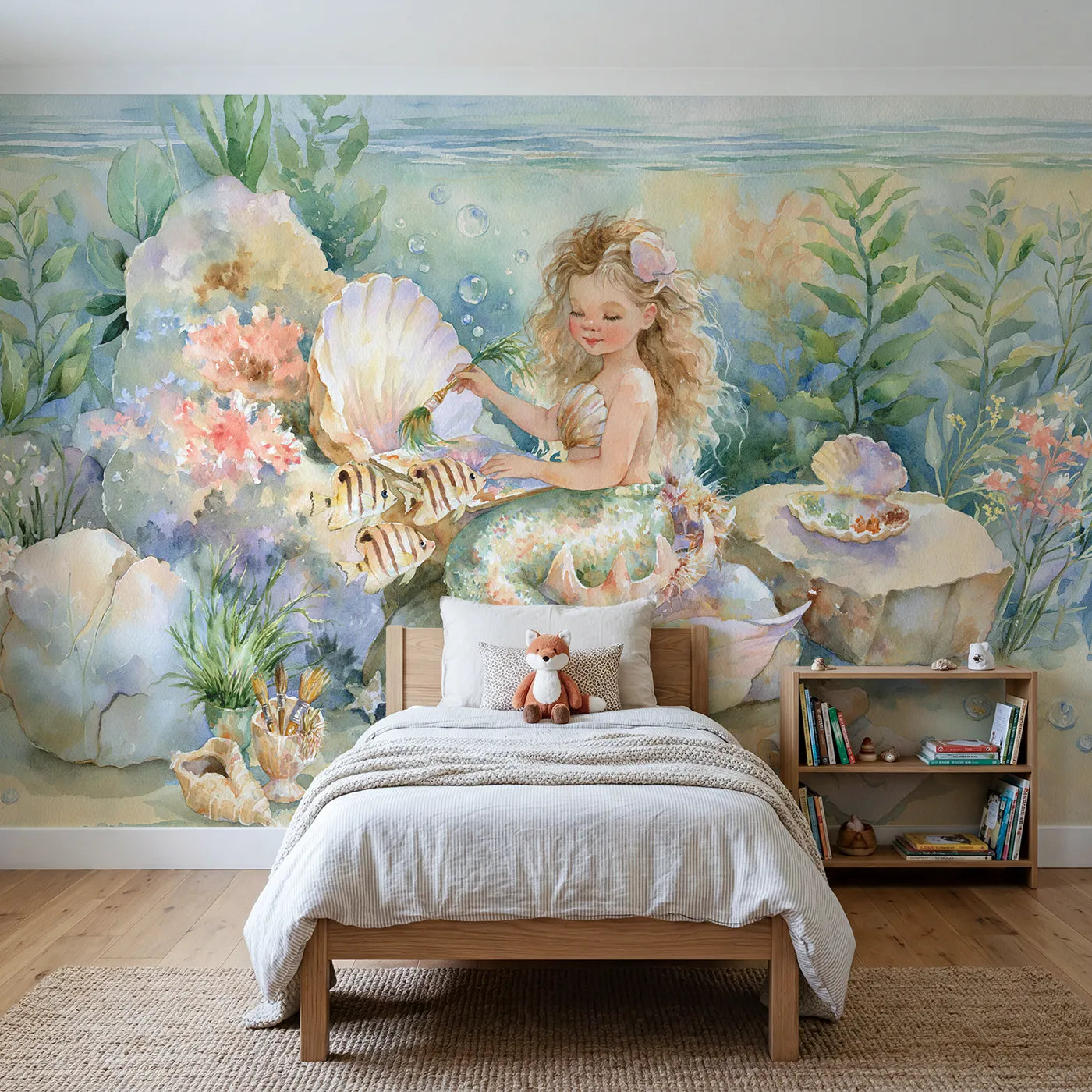 Watercolor mermaid painting the reef at a shell easel, mural for a kids room by Whimsy Tots