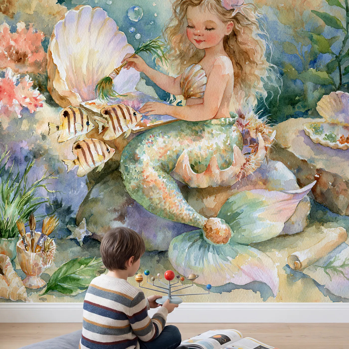Child in nursery with Mermaid Painting Class Wallpaper Mural by Whimsy Tots
