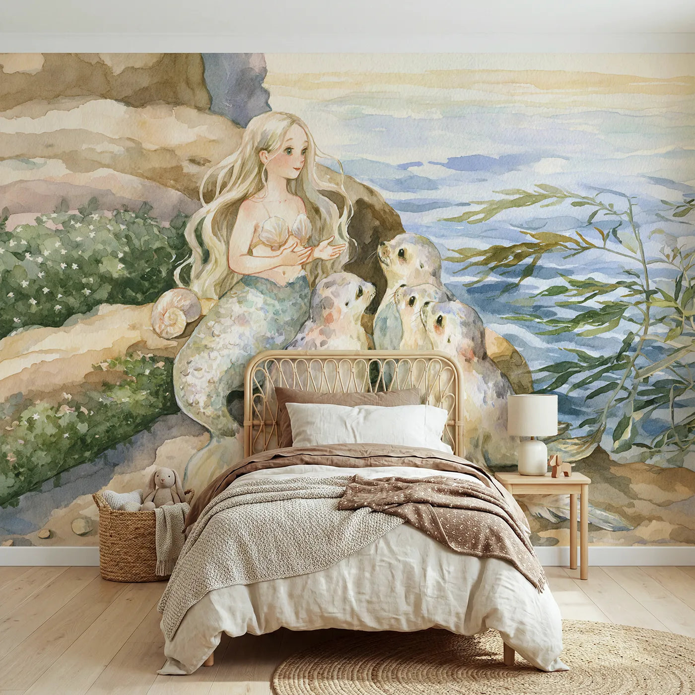 Watercolor mermaid telling a story to seal pups on a warm rock, mural for a bedroom by Whimsy Tots