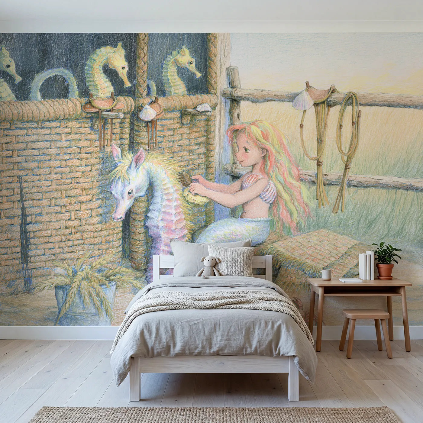 Colored Pencil mermaid grooming seahorses in a kelp stable, mural for a toddler room by Whimsy Tots