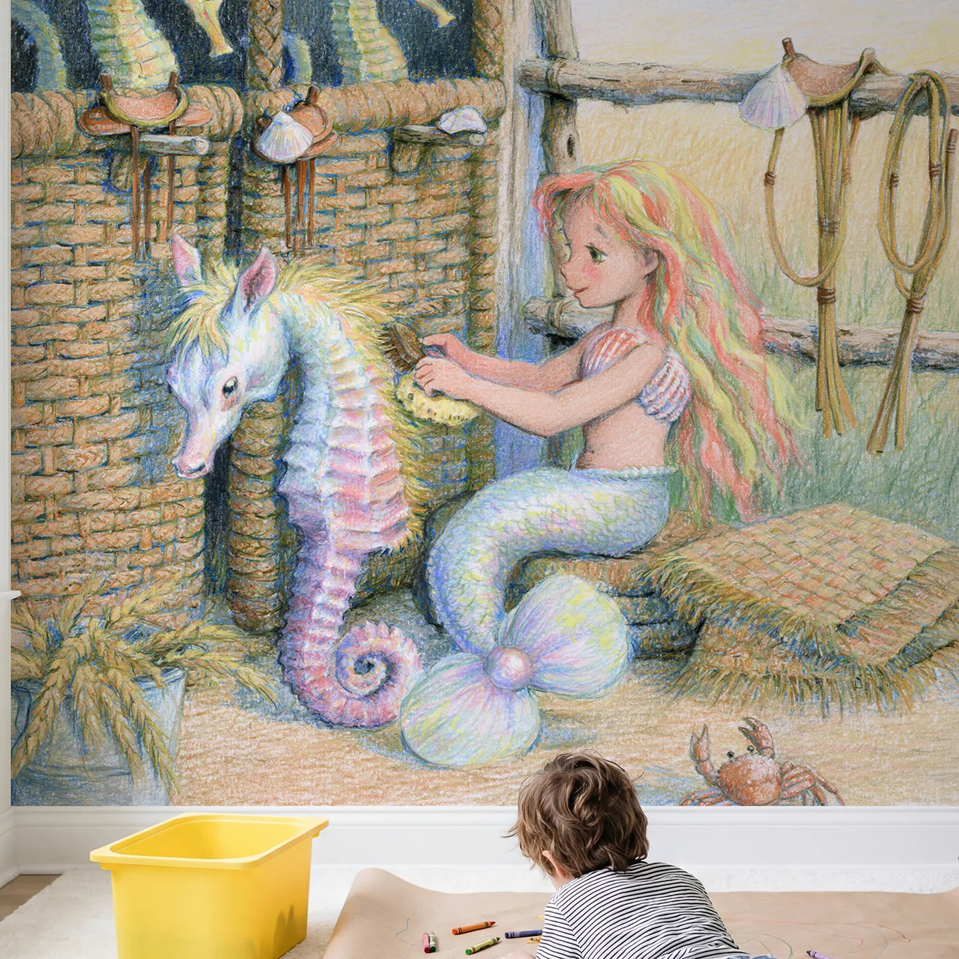 Child in nursery with Mermaid Seahorse Stable Wallpaper Mural by Whimsy Tots