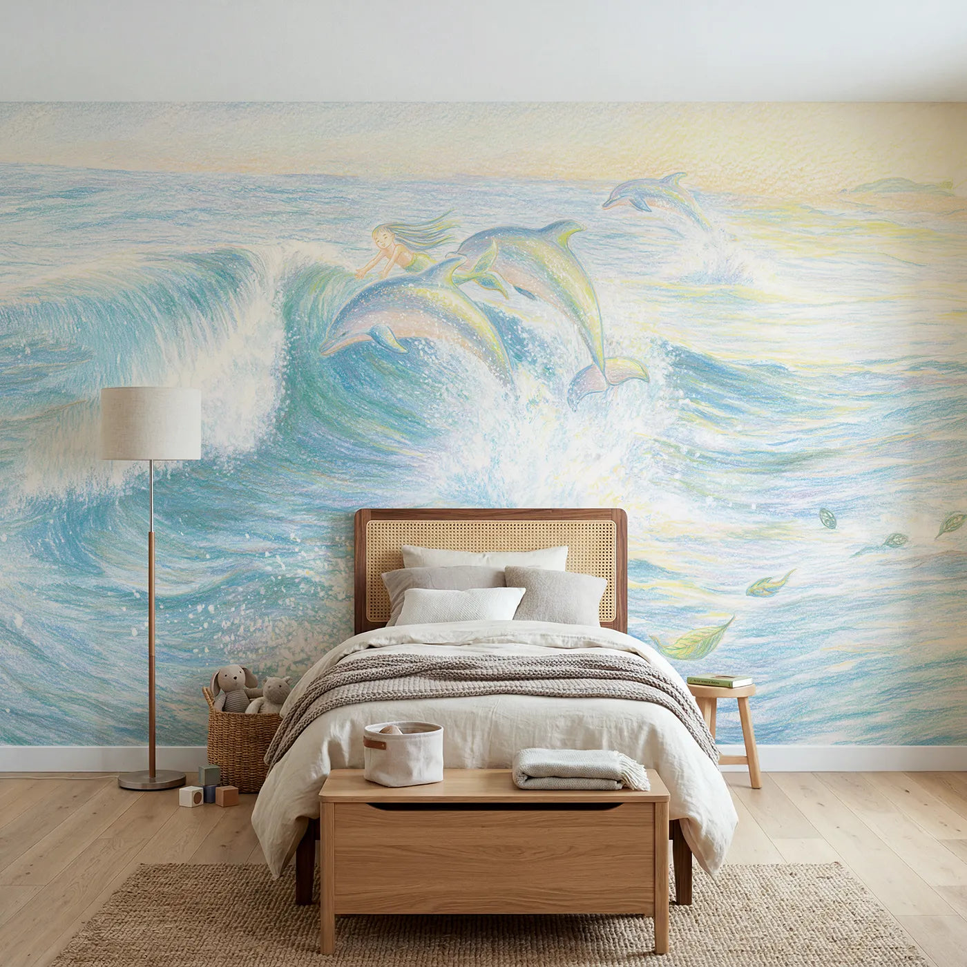 Colored Pencil mermaid and dolphin leaping a sunny wave, mural for a playroom by Whimsy Tots