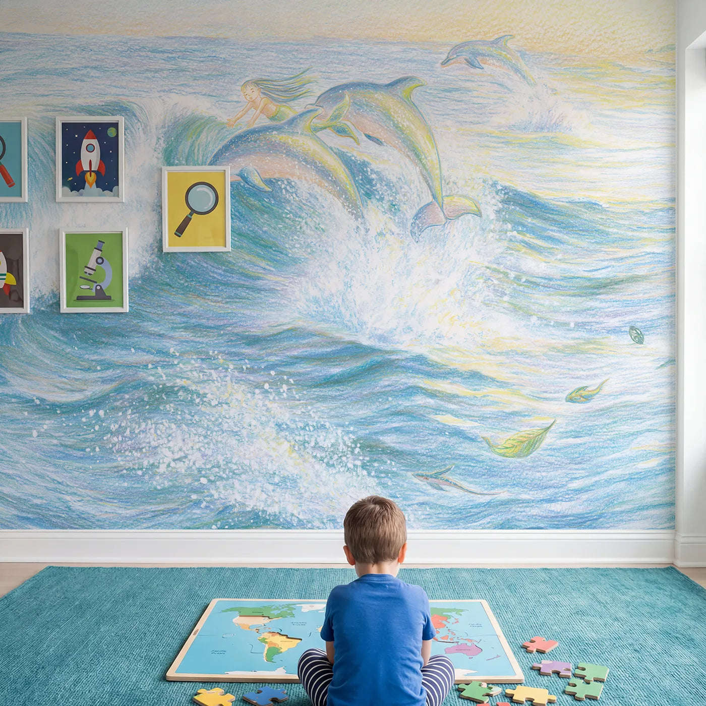 Child in nursery with Mermaid Dolphin Leap Wallpaper Mural by Whimsy Tots