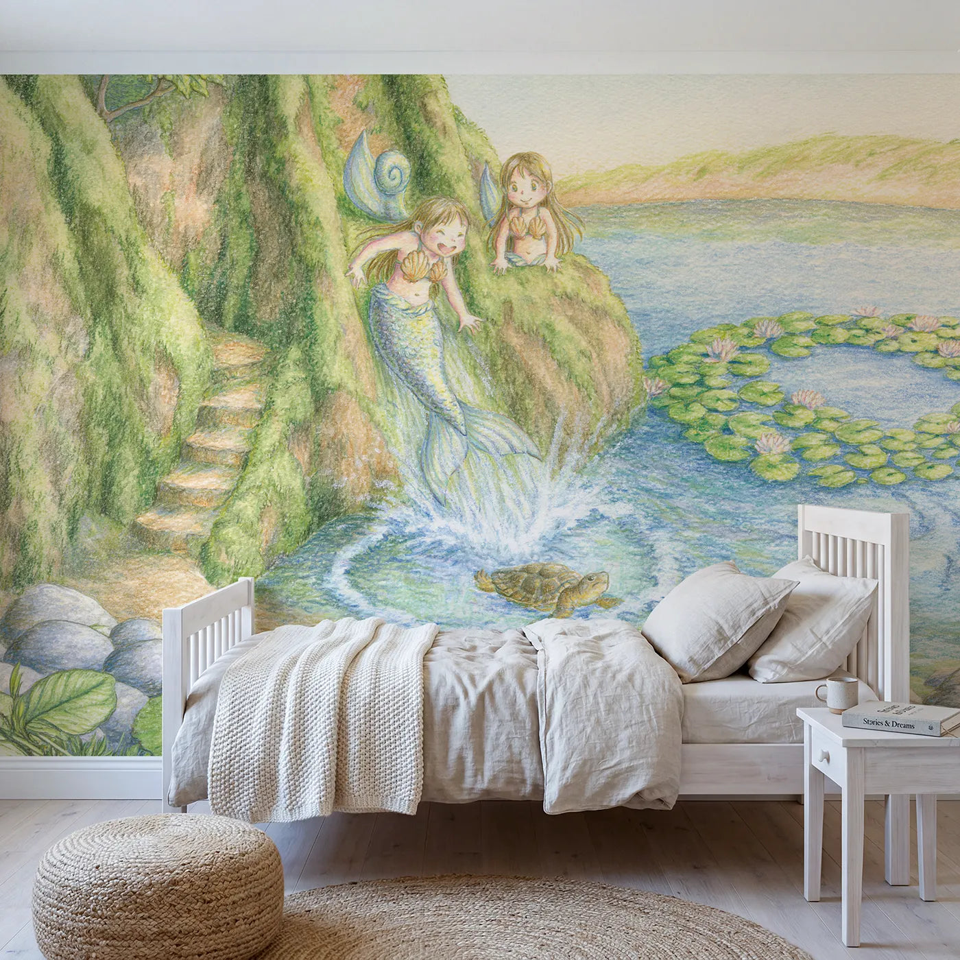Colored Pencil mermaids on a mossy rock slide into the lagoon, mural for a kids room by Whimsy Tots