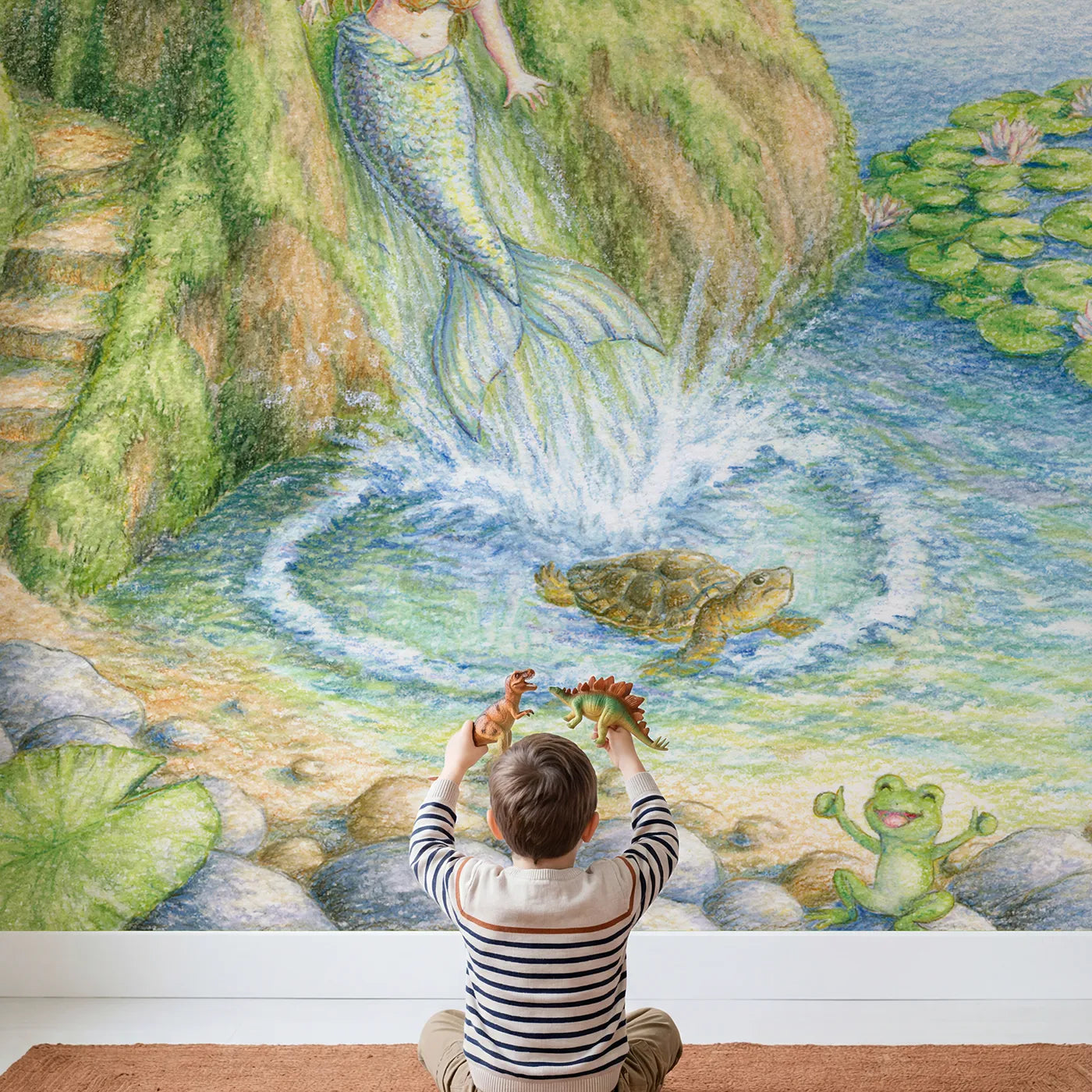 Child in nursery with Mermaid Rock Slide Wallpaper Mural by Whimsy Tots