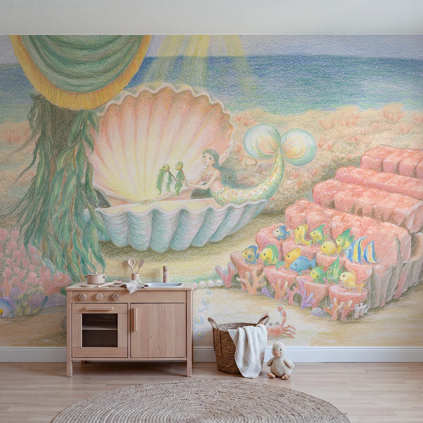 Colored Pencil mermaid puppet show in a giant clam shell, mural for a playroom by Whimsy Tots