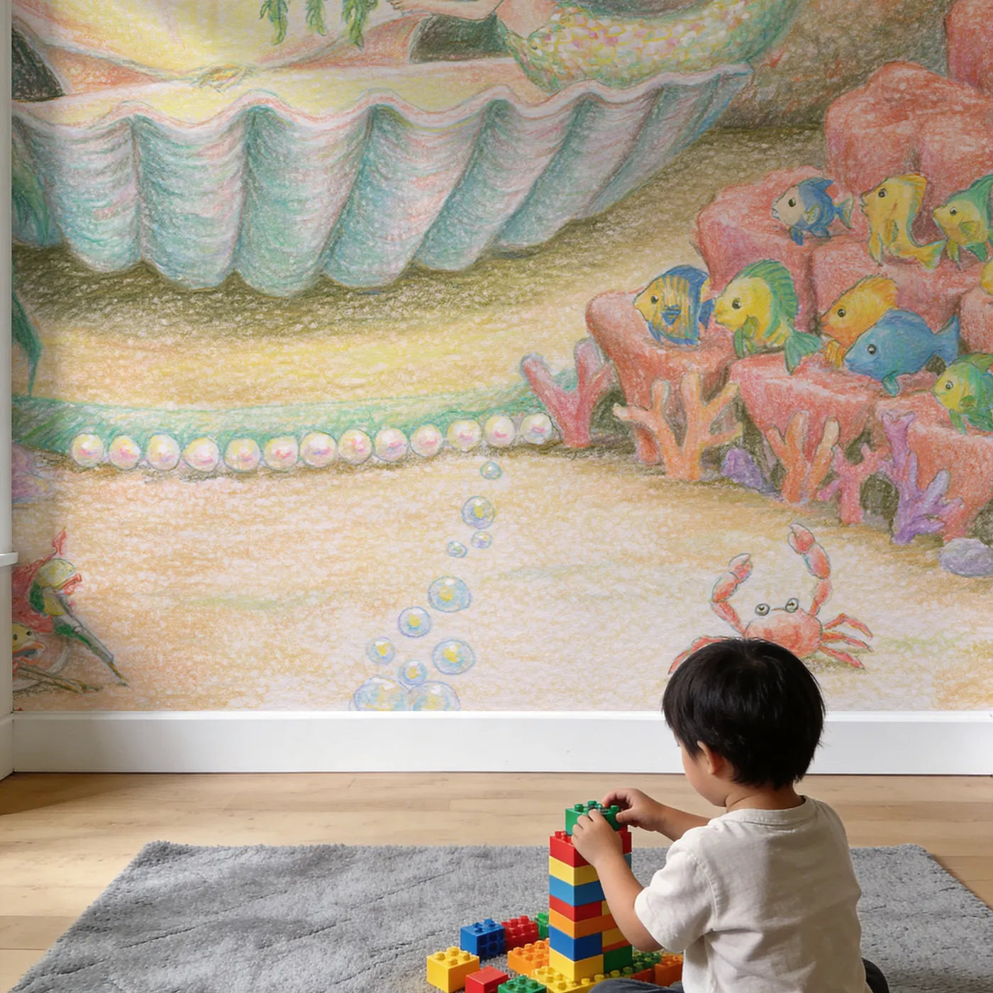 Child in nursery with Mermaid Puppet Show Wallpaper Mural by Whimsy Tots