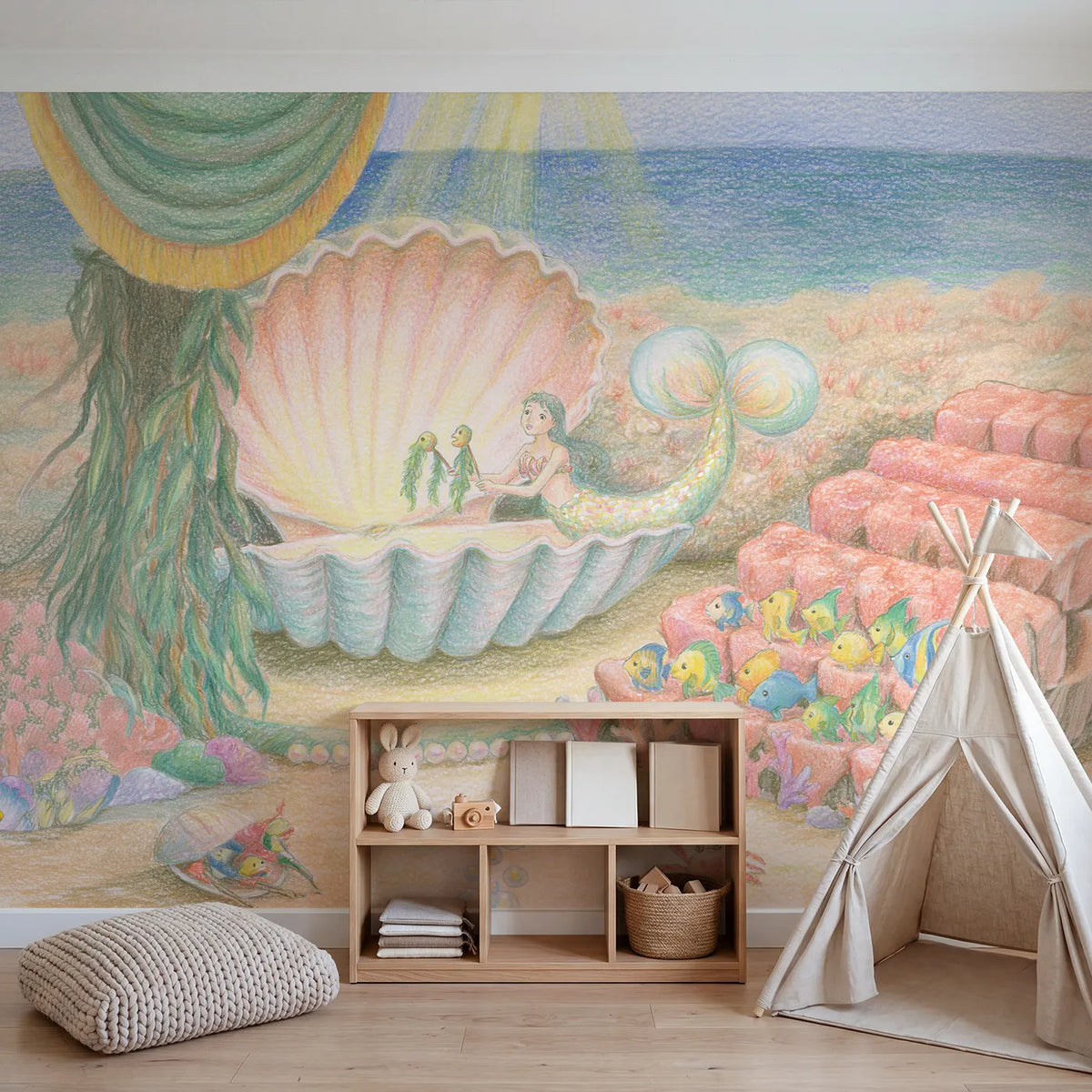 Mermaid Puppet Show Wallpaper Mural in playroom setting by Whimsy Tots
