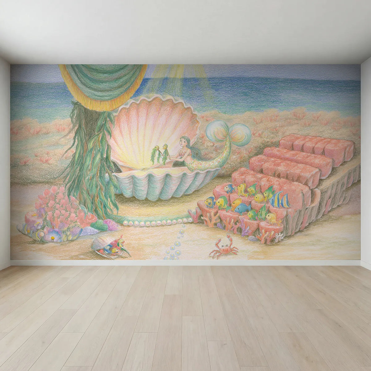 Full view of Mermaid Puppet Show Wallpaper Mural by Whimsy Tots