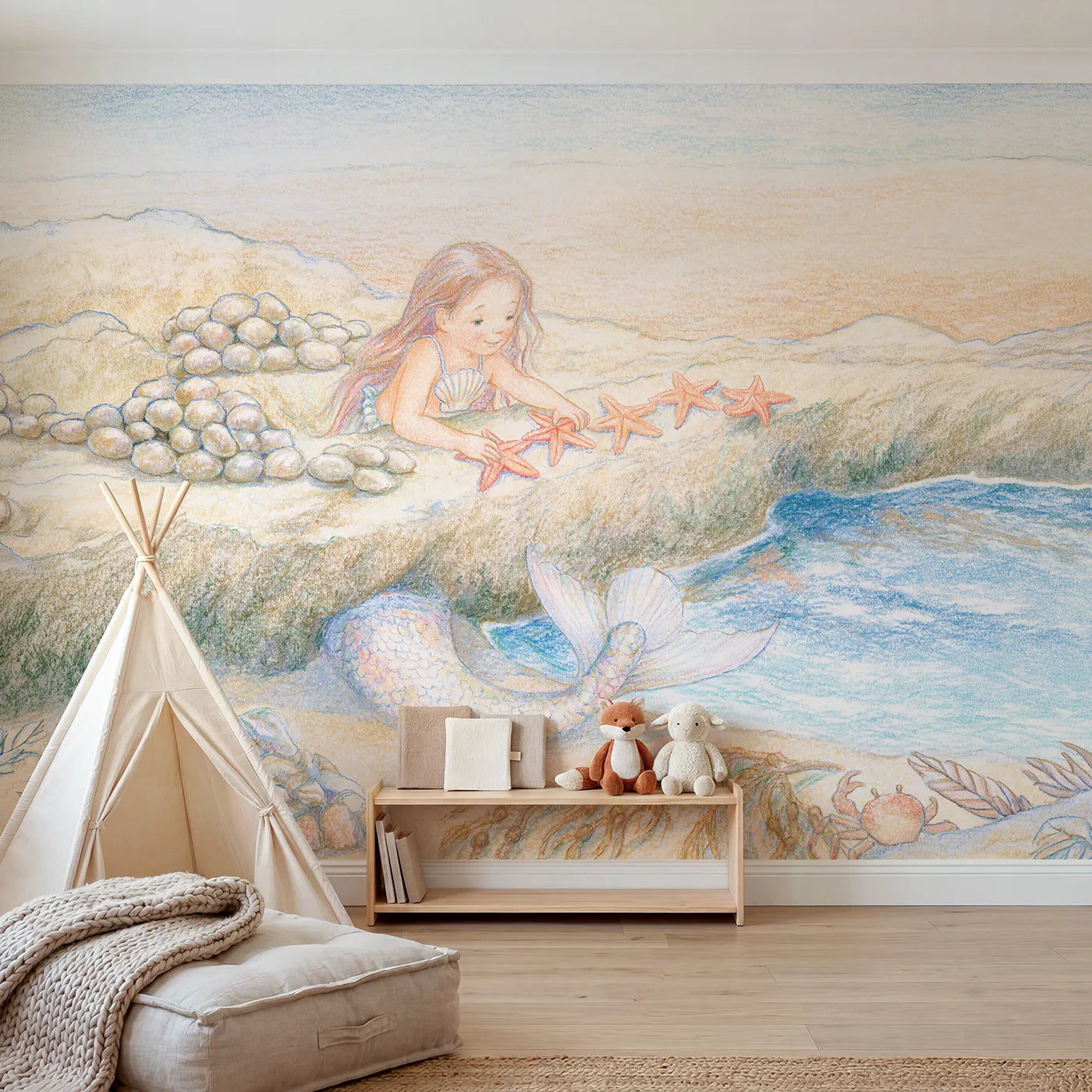 Colored Pencil mermaid counting starfish on a ledge, mural for a toddler room by Whimsy Tots
