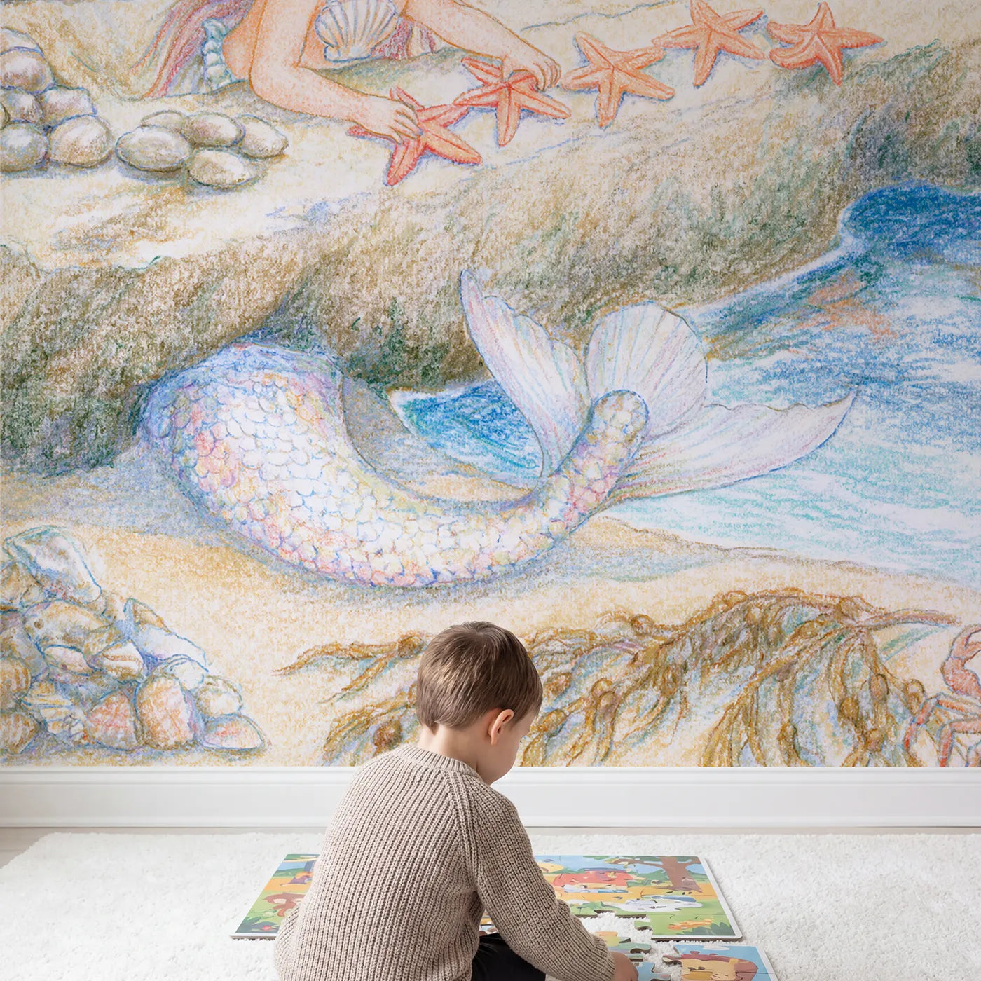 Child in nursery with Mermaid Counting Starfish Wallpaper Mural by Whimsy Tots