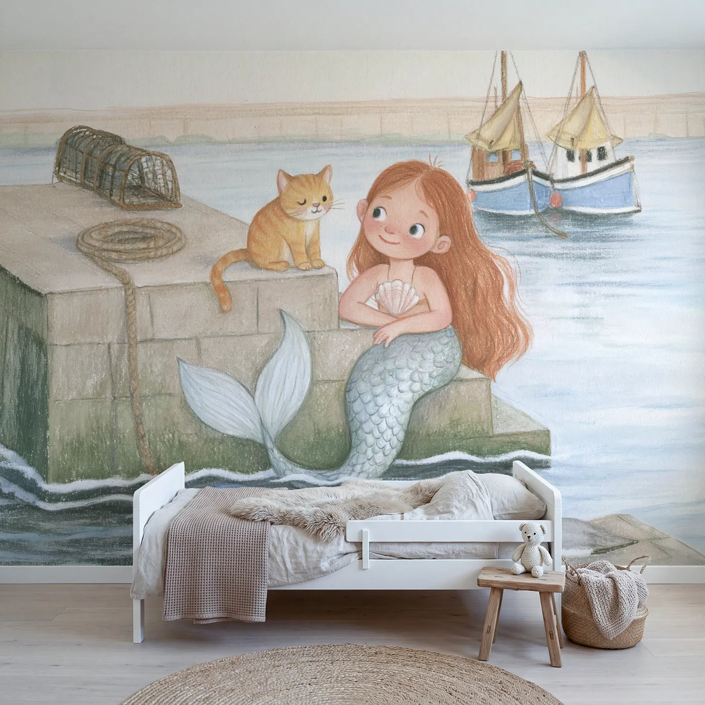 Colored Pencil mermaid chatting with the harbor cat on the quay, mural for a bedroom by Whimsy Tots