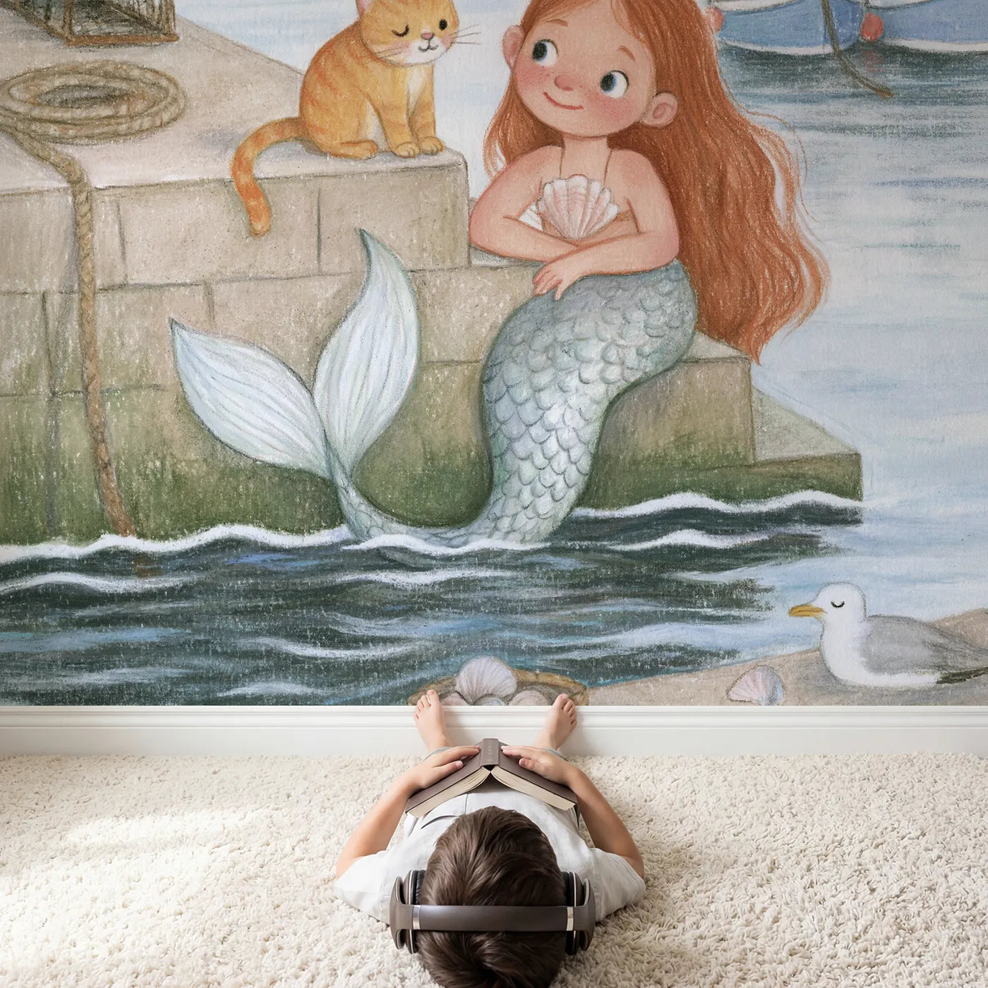 Child in nursery with Mermaid Harbor Morning Wallpaper Mural by Whimsy Tots