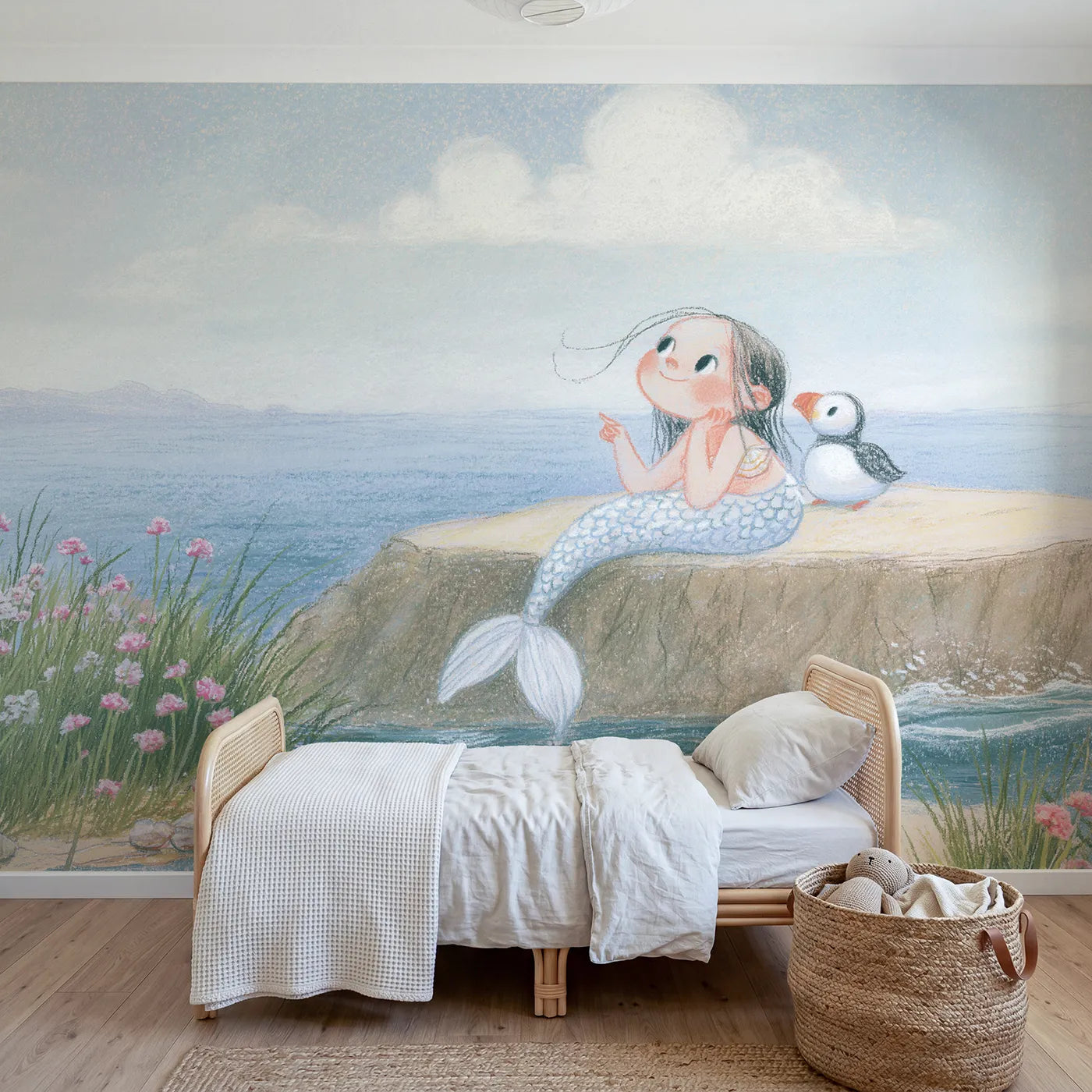 Colored Pencil mermaid cloud watching on a warm rock, mural for a nursery by Whimsy Tots