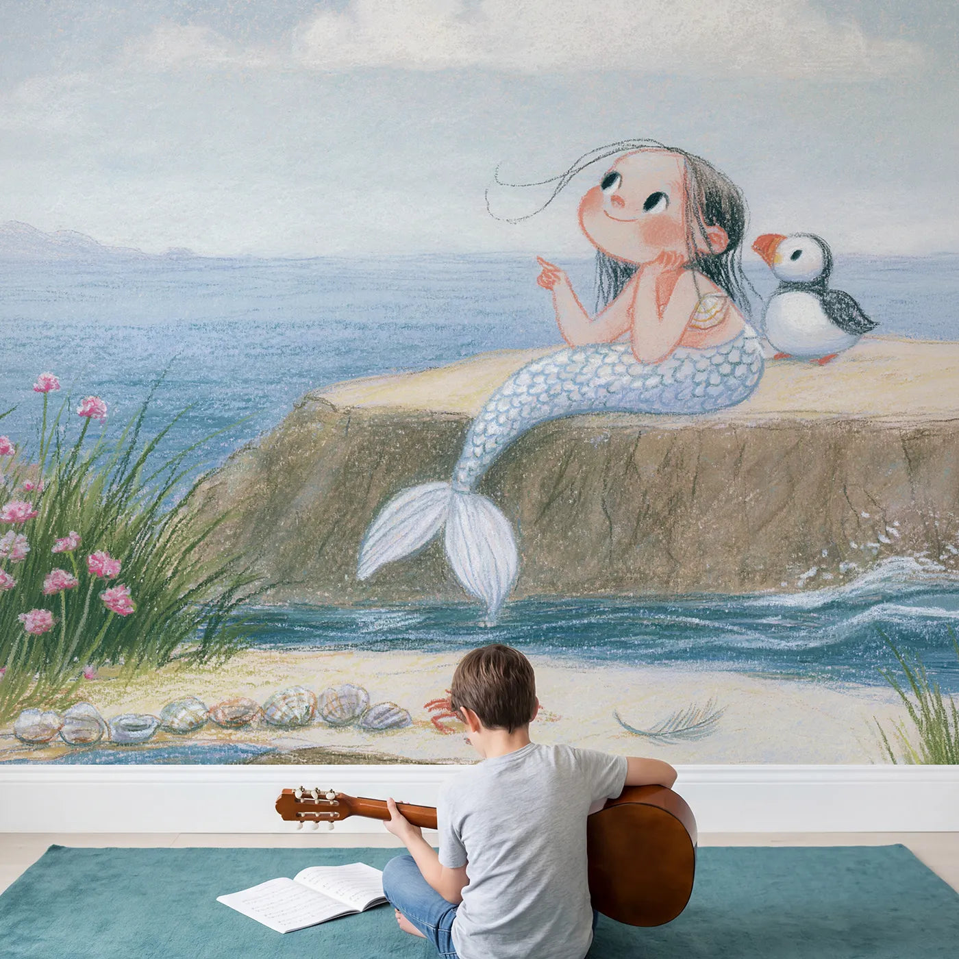 Child in nursery with Mermaid Cloud Watching Wallpaper Mural by Whimsy Tots