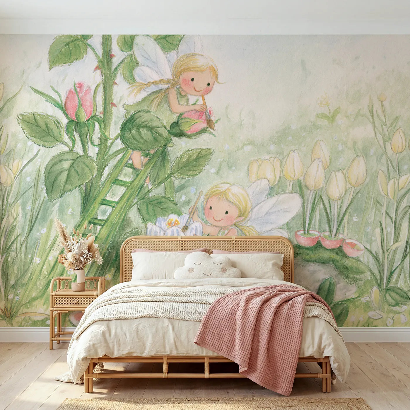 Colored Pencil fairies painting the morning flower buds, mural for a girls room by Whimsy Tots
