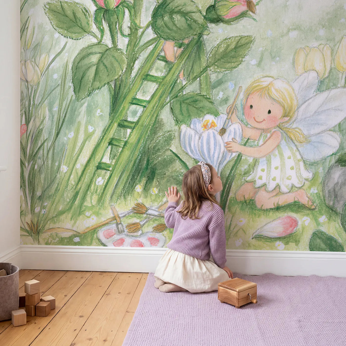 Child in nursery with Fairy Flower Painters Wallpaper Mural by Whimsy Tots