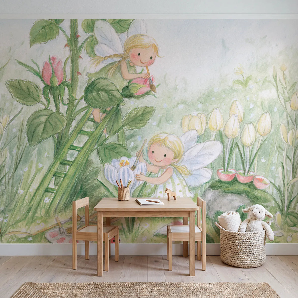 Fairy Flower Painters Wallpaper Mural in playroom setting by Whimsy Tots