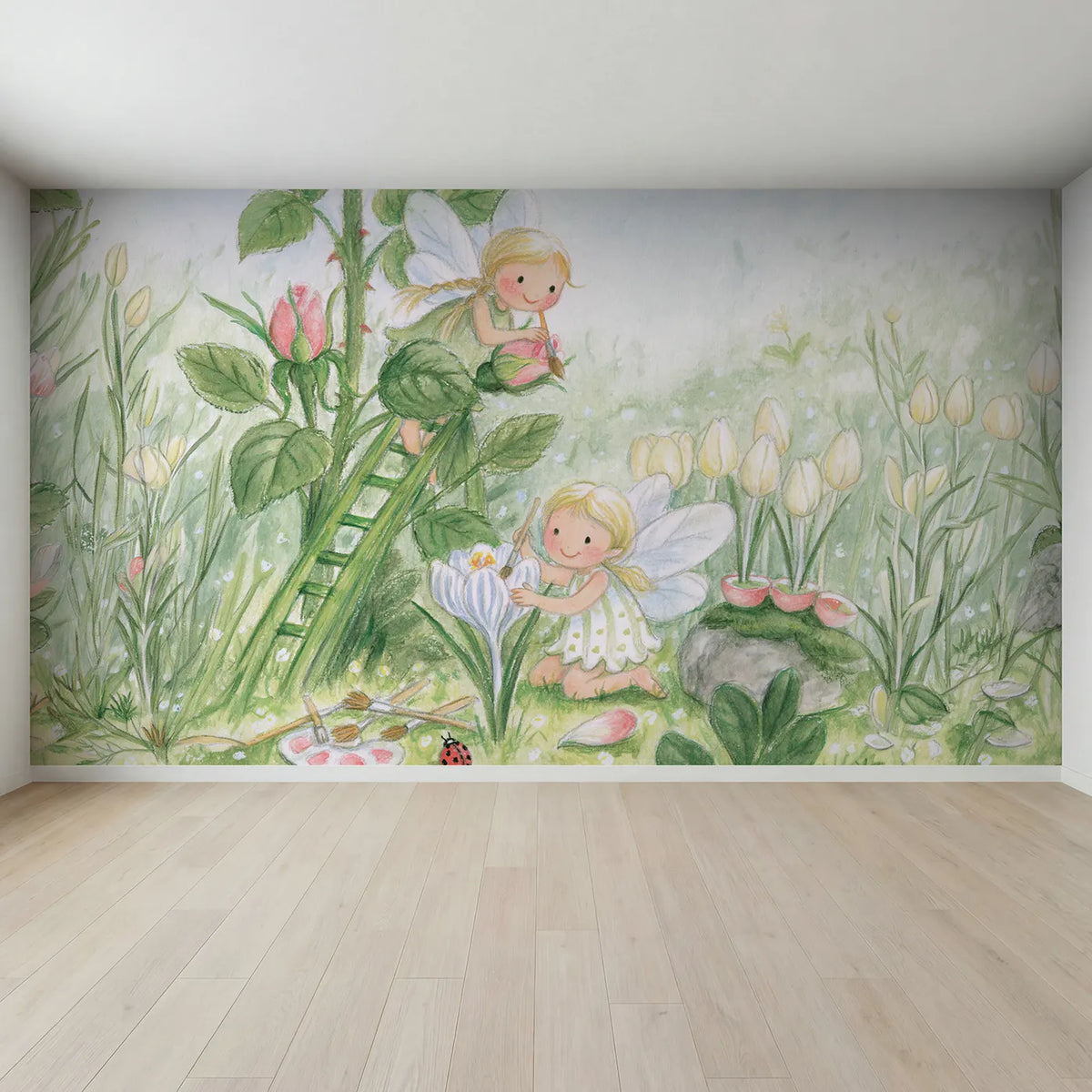Full view of Fairy Flower Painters Wallpaper Mural by Whimsy Tots