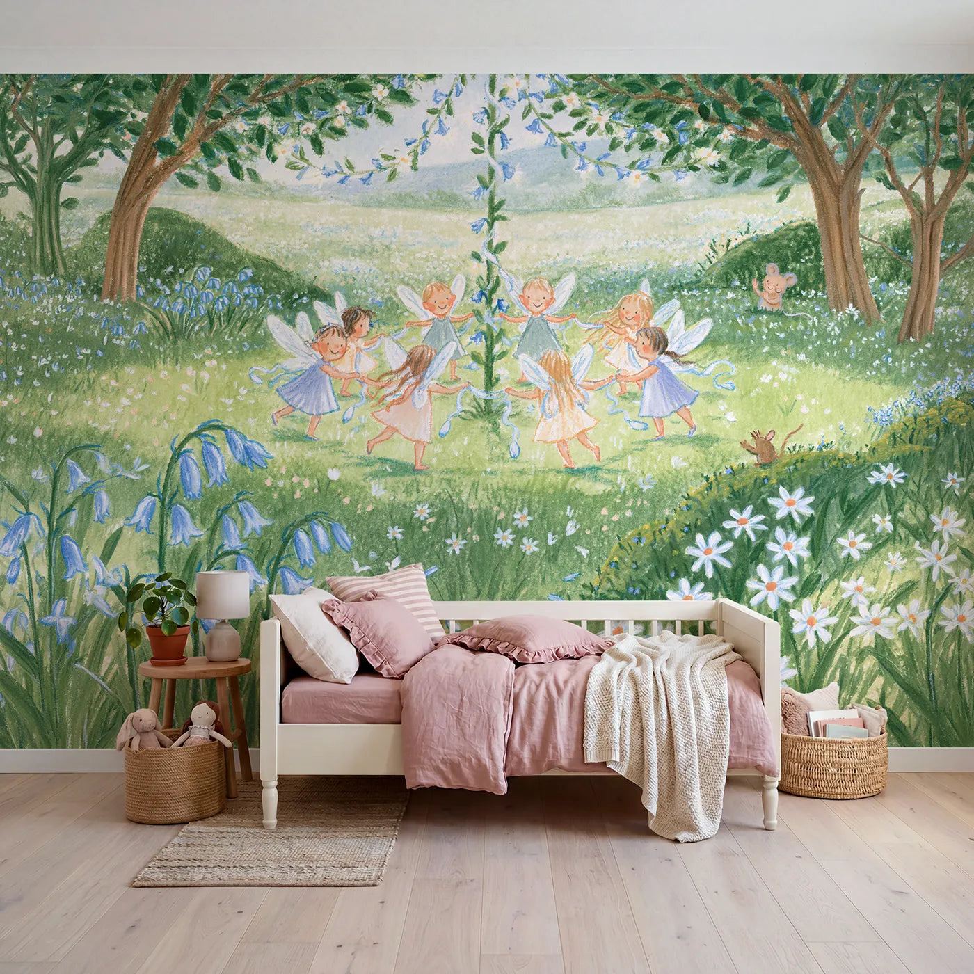 Colored Pencil fairies dancing round a bluebell maypole, mural for a girls room by Whimsy Tots