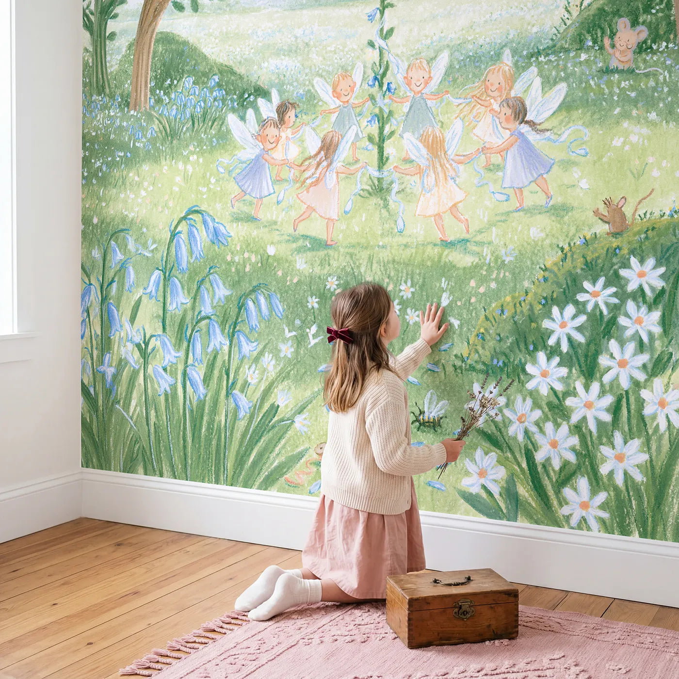Child in nursery with Fairy Ribbon Maypole Wallpaper Mural by Whimsy Tots