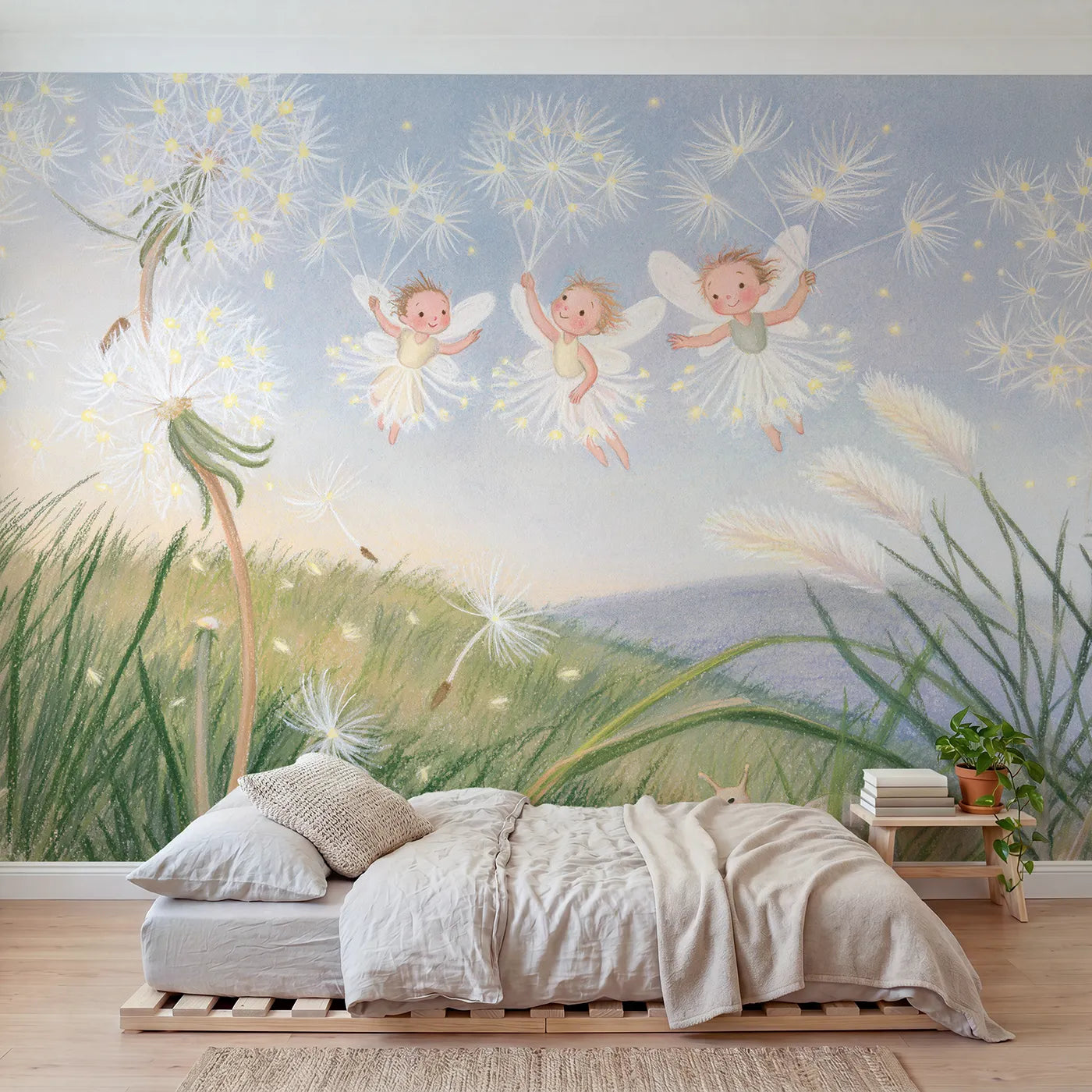 Colored Pencil fairies drifting on dandelion seed parachutes, mural for a kids room by Whimsy Tots
