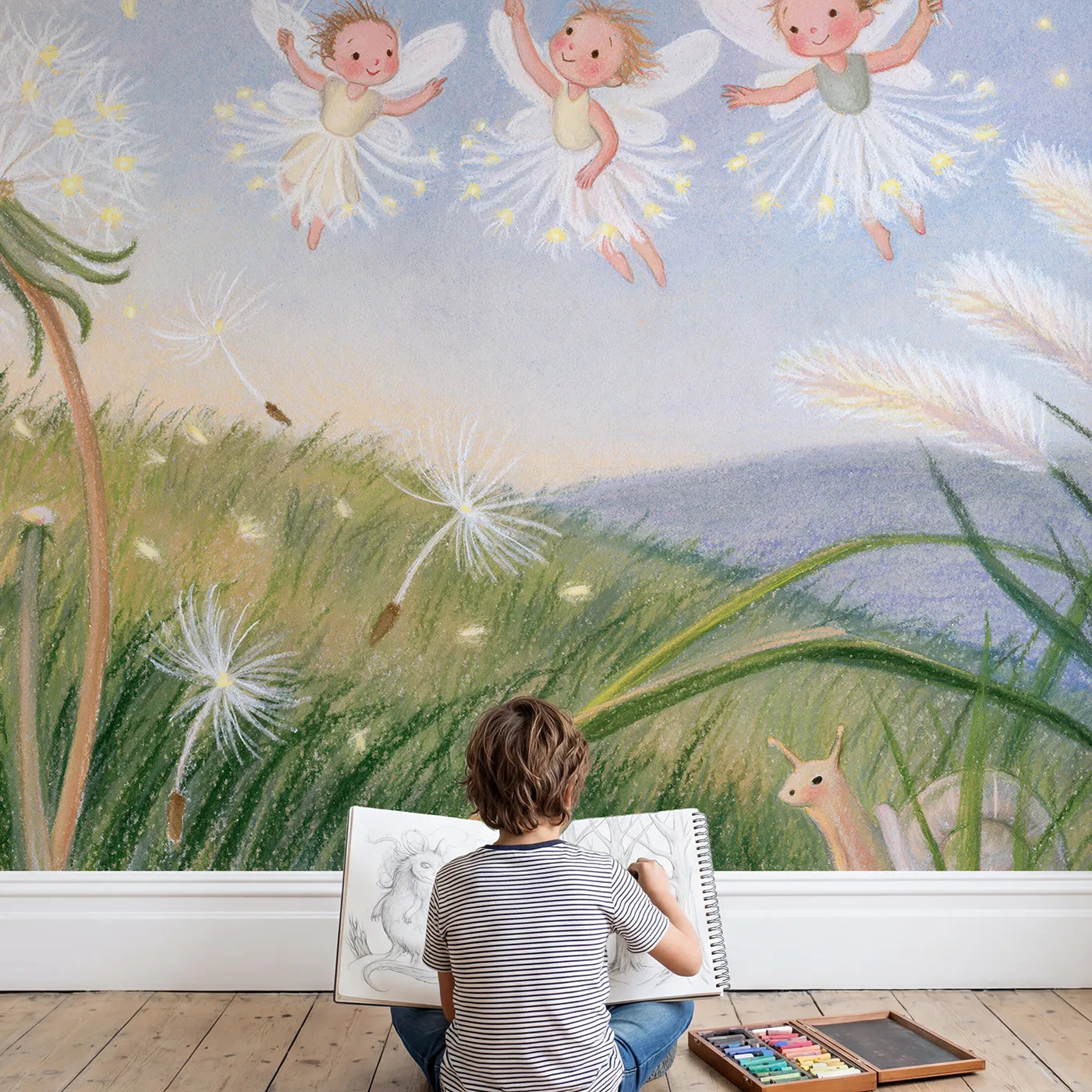 Child in nursery with Fairy Seed Balloonists Wallpaper Mural by Whimsy Tots