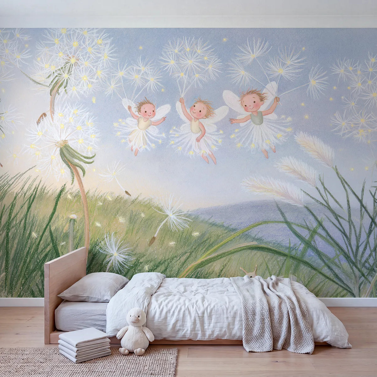 Fairy Seed Balloonists Wallpaper Mural in playroom setting by Whimsy Tots