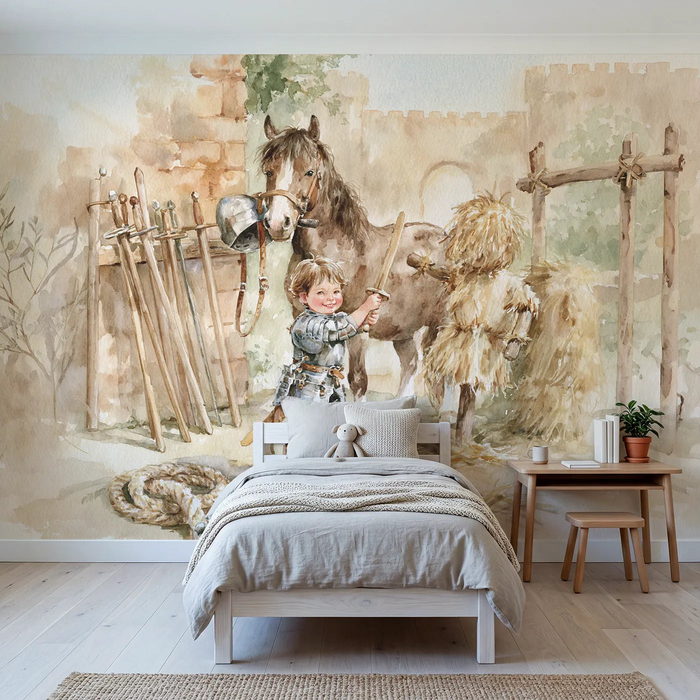 Watercolor small knight practicing on a straw dummy, mural for a big-kid bedroom by Whimsy Tots
