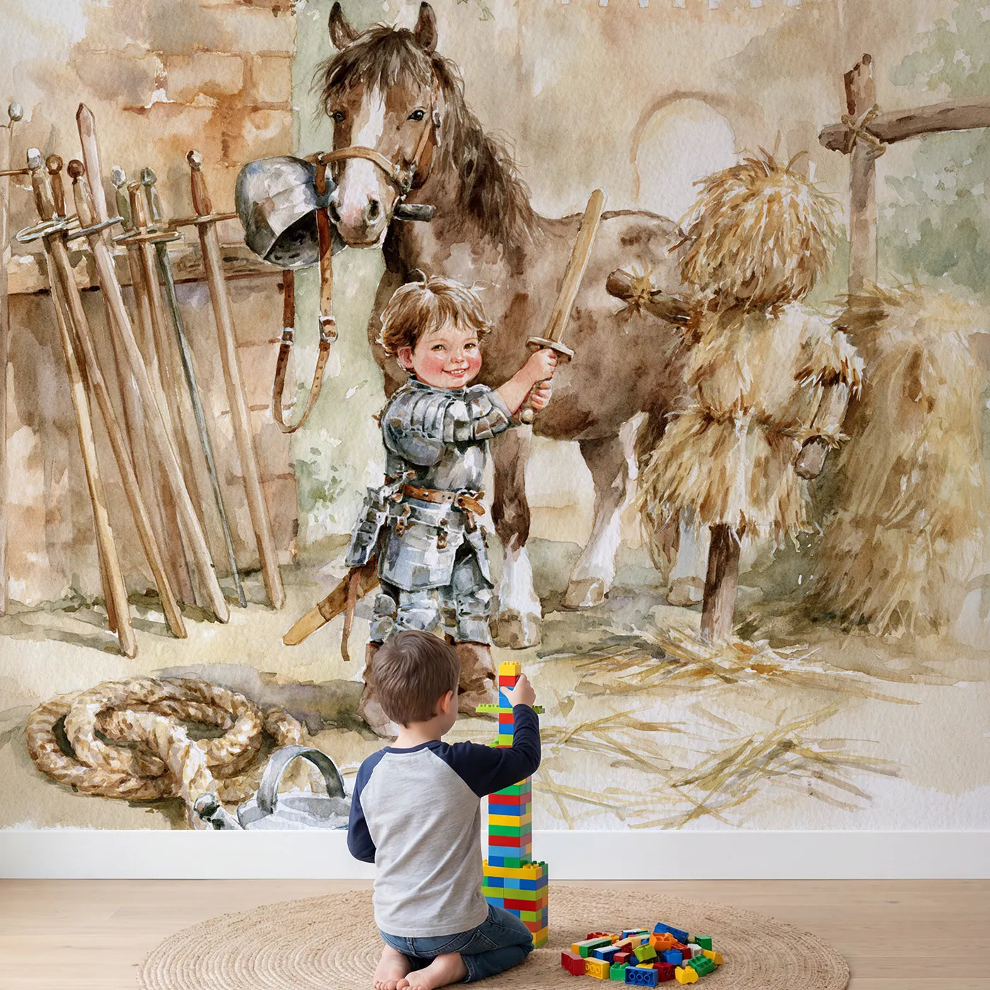 Child in nursery with Knight Training Morning Wallpaper Mural by Whimsy Tots