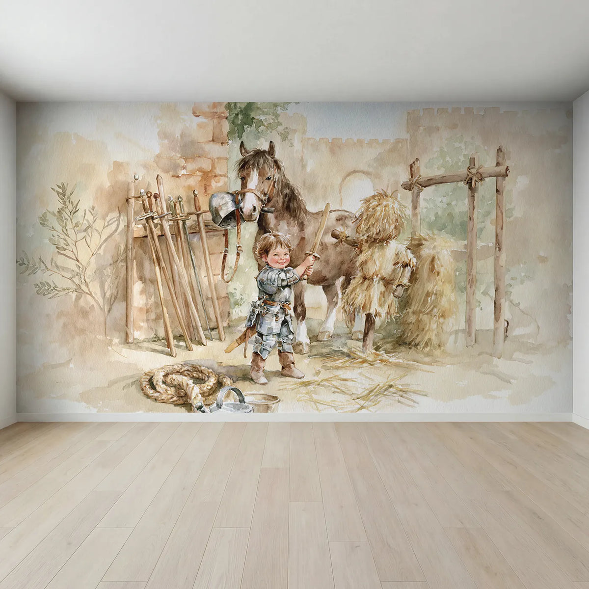 Full view of Knight Training Morning Wallpaper Mural by Whimsy Tots