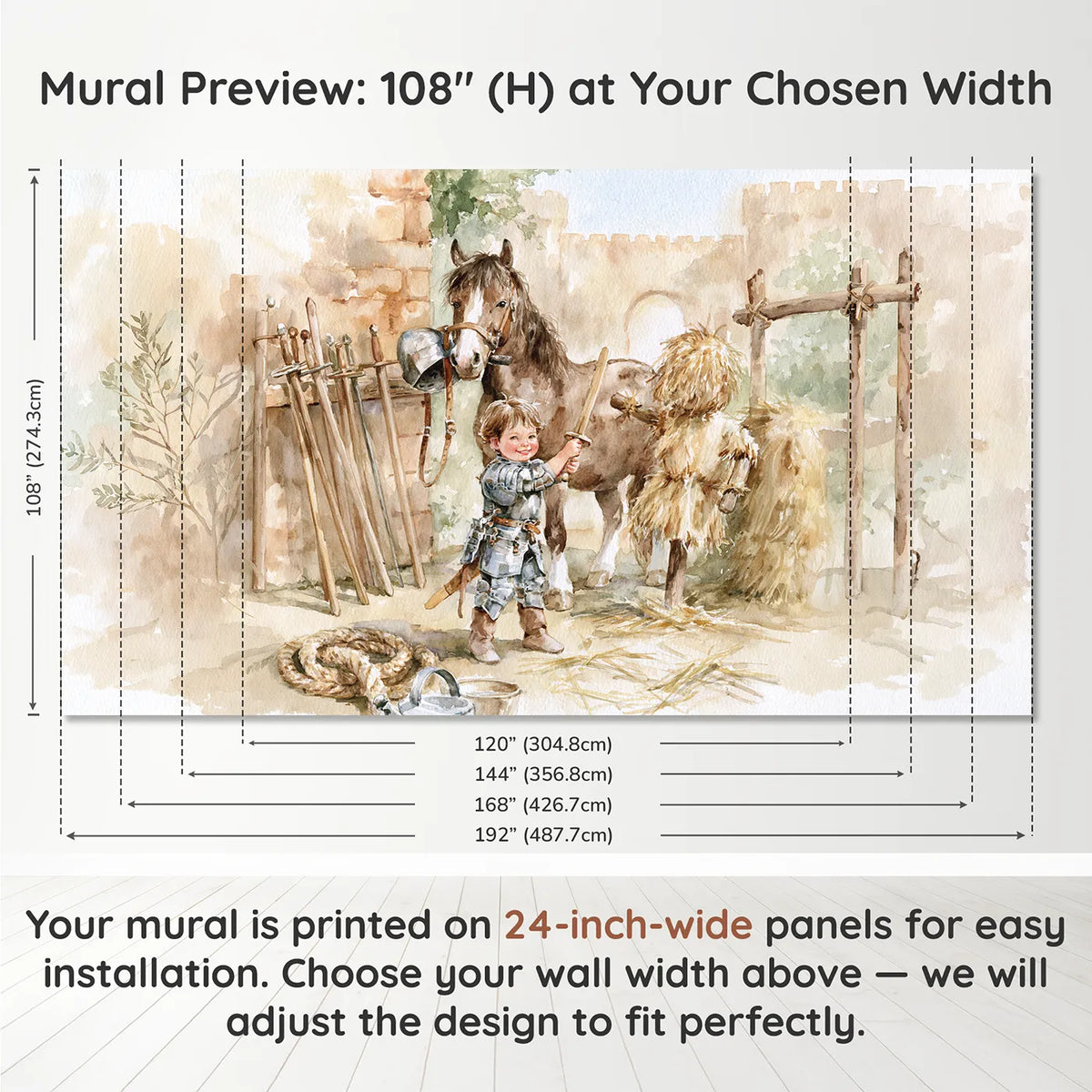 Panel layout and dimensions for Knight Training Morning Wallpaper Mural by Whimsy Tots